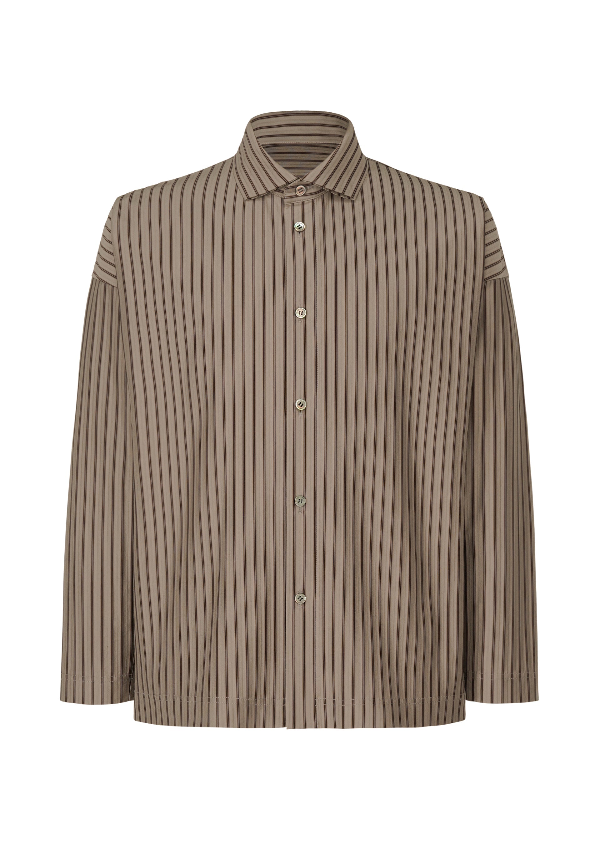 Zoomed view The STRIPE JERSEY SHIRT by HOMME PLISSÉ ISSEY MIYAKE is a relaxed-fit, long-sleeved, button-up with vertical brown and beige stripes, crafted from soft jersey fabric and finished with a classic collar. - GRAY （no.12）