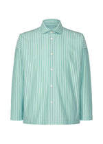 The HOMME PLISSÉ ISSEY MIYAKE STRIPE JERSEY SHIRT is a long-sleeve, collared button-up made from light jersey fabric with vertical green and white stripes. - BLUE （no.72）