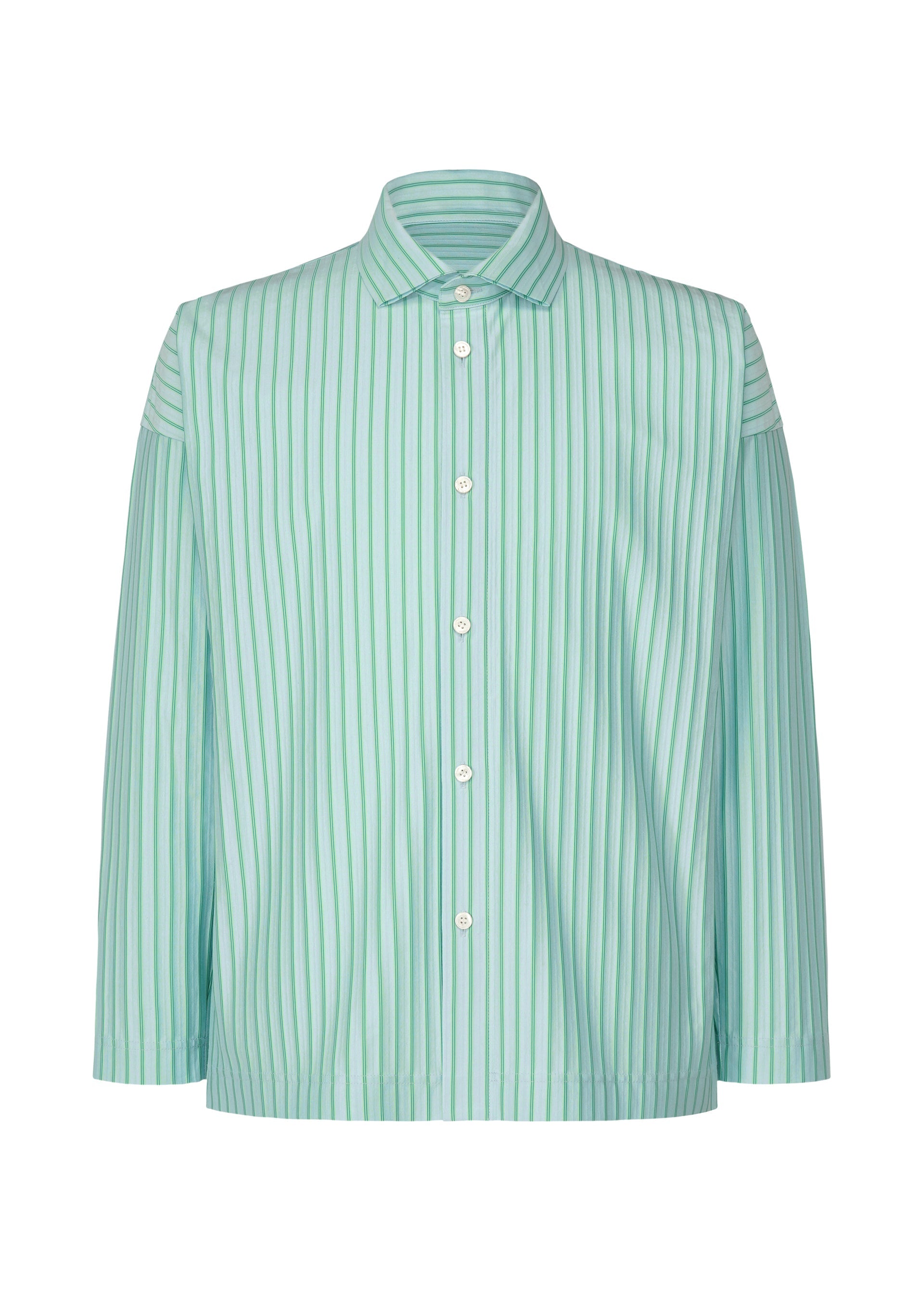Zoomed view The HOMME PLISSÉ ISSEY MIYAKE STRIPE JERSEY SHIRT is a long-sleeve, collared button-up made from light jersey fabric with vertical green and white stripes. - BLUE （no.72）