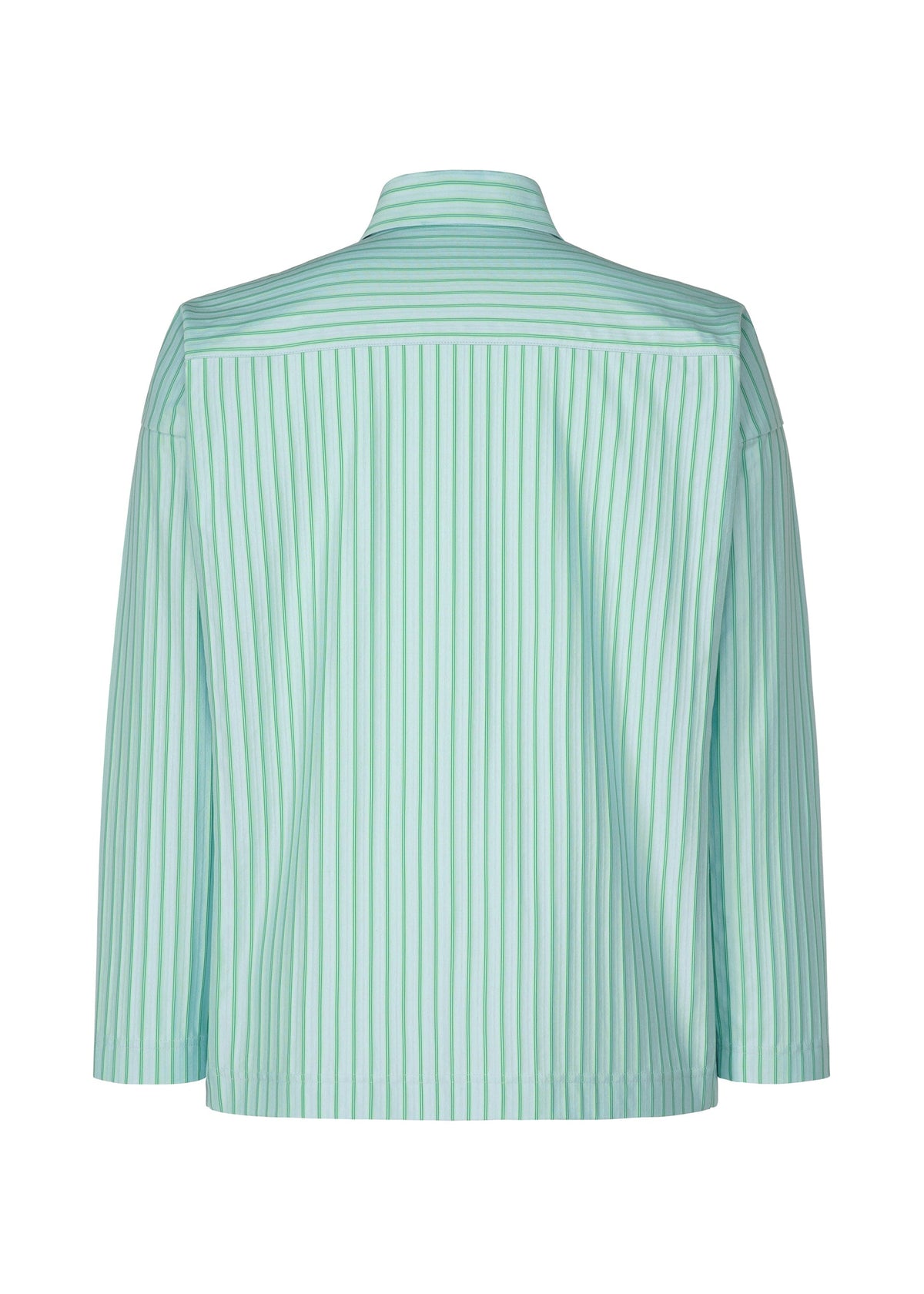 The STRIPE JERSEY SHIRT by HOMME PLISSÉ ISSEY MIYAKE is a light blue long-sleeve shirt with vertical green and white stripes, shown from the back. Made of soft jersey fabric, it features a collar and has a relaxed fit. view 4 of 4