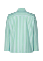 The STRIPE JERSEY SHIRT by HOMME PLISSÉ ISSEY MIYAKE is a light blue long-sleeve shirt with vertical green and white stripes, shown from the back. Made of soft jersey fabric, it features a collar and has a relaxed fit.