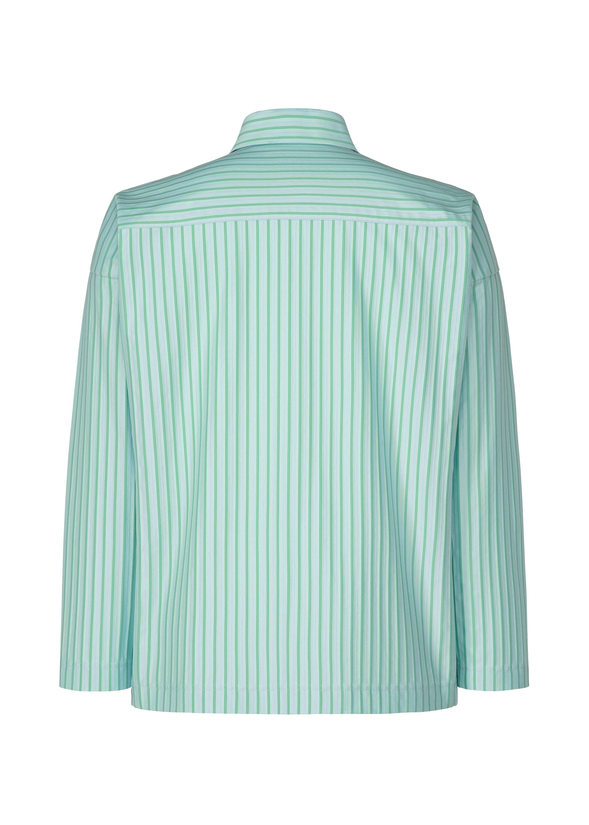 Zoomed view The STRIPE JERSEY SHIRT by HOMME PLISSÉ ISSEY MIYAKE is a light blue long-sleeve shirt with vertical green and white stripes, shown from the back. Made of soft jersey fabric, it features a collar and has a relaxed fit.