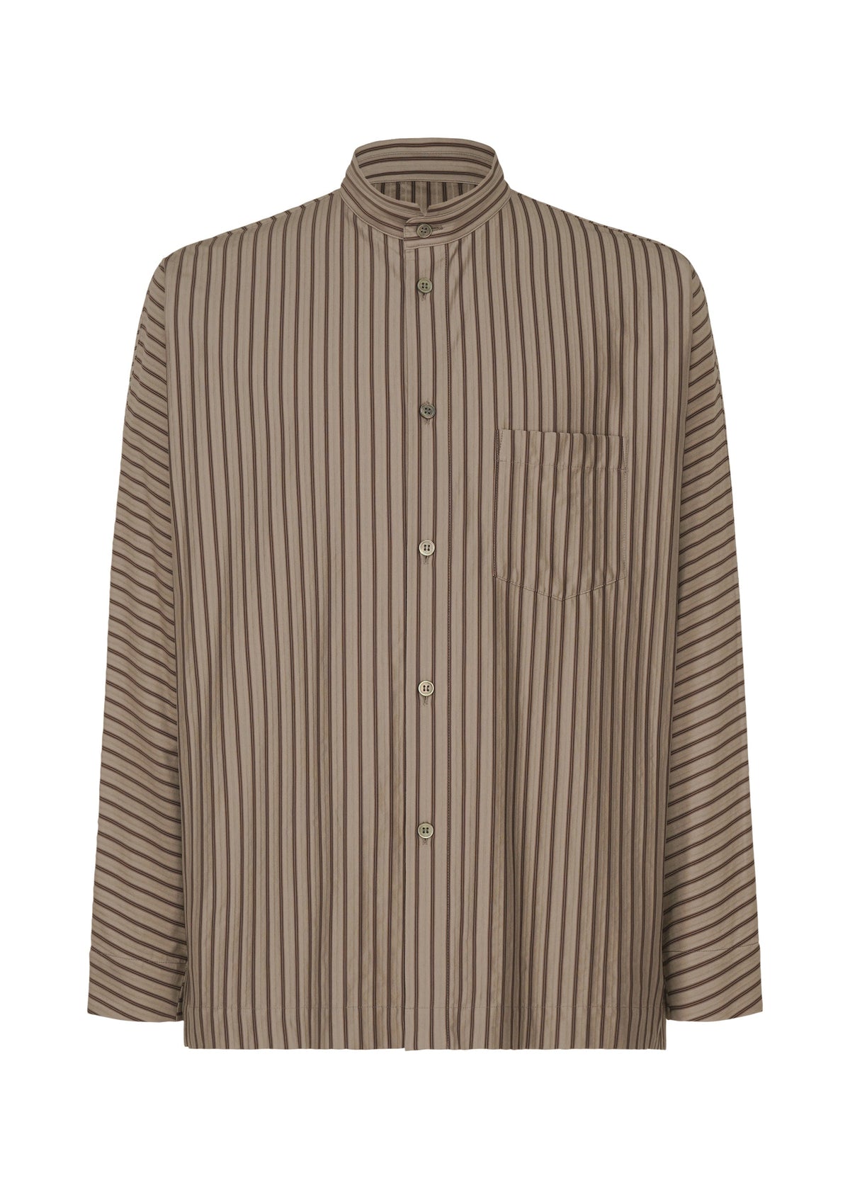The STRIPE JERSEY SHIRT by HOMME PLISSÉ ISSEY MIYAKE is a brown and black, long-sleeve, button-up shirt with a stand collar, vertical stripes, and a left chest pocket. view 2 of 8