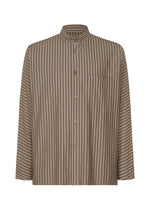 The STRIPE JERSEY SHIRT by HOMME PLISSÉ ISSEY MIYAKE is a brown and black, long-sleeve, button-up shirt with a stand collar, vertical stripes, and a left chest pocket. - GRAY （no.12）
