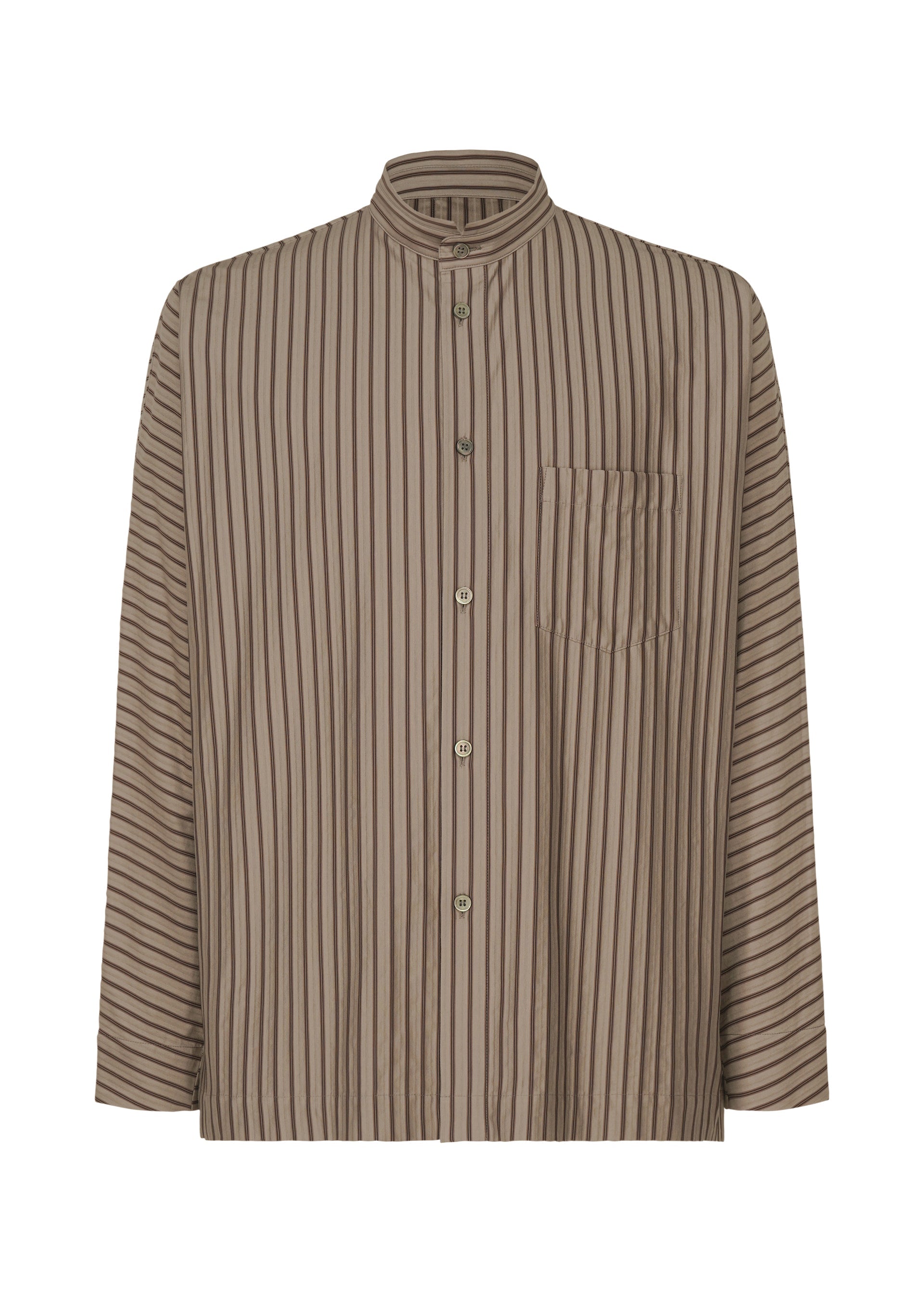 Zoomed view The STRIPE JERSEY SHIRT by HOMME PLISSÉ ISSEY MIYAKE is a brown and black, long-sleeve, button-up shirt with a stand collar, vertical stripes, and a left chest pocket. - GRAY （no.12）