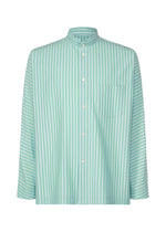The STRIPE JERSEY SHIRT by HOMME PLISSÉ ISSEY MIYAKE is a mint green, long-sleeve shirt featuring vertical white stripes, a stand collar, front pocket, and white buttons. - BLUE （no.72）