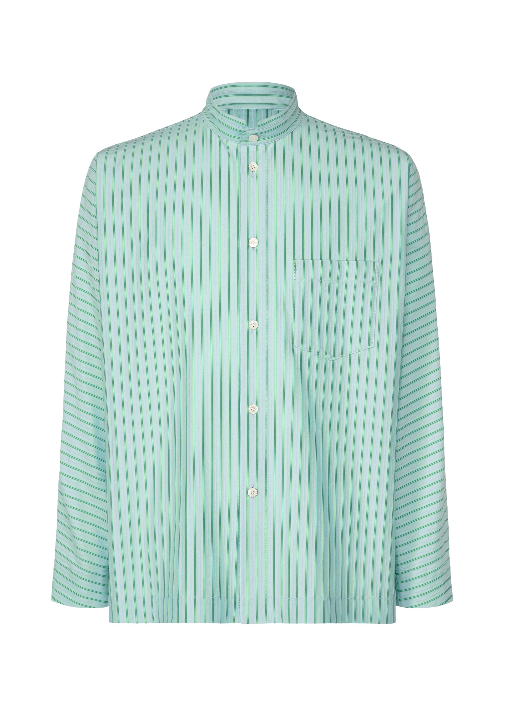 Zoomed view The STRIPE JERSEY SHIRT by HOMME PLISSÉ ISSEY MIYAKE is a mint green, long-sleeve shirt featuring vertical white stripes, a stand collar, front pocket, and white buttons. - BLUE （no.72）