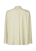 The STRIPE JERSEY SHIRT by HOMME PLISSÉ ISSEY MIYAKE is a light-colored, long-sleeve shirt with vertical green stripes, a stand collar, buttoned cuffs, and a loose, relaxed fit shown from the back.
