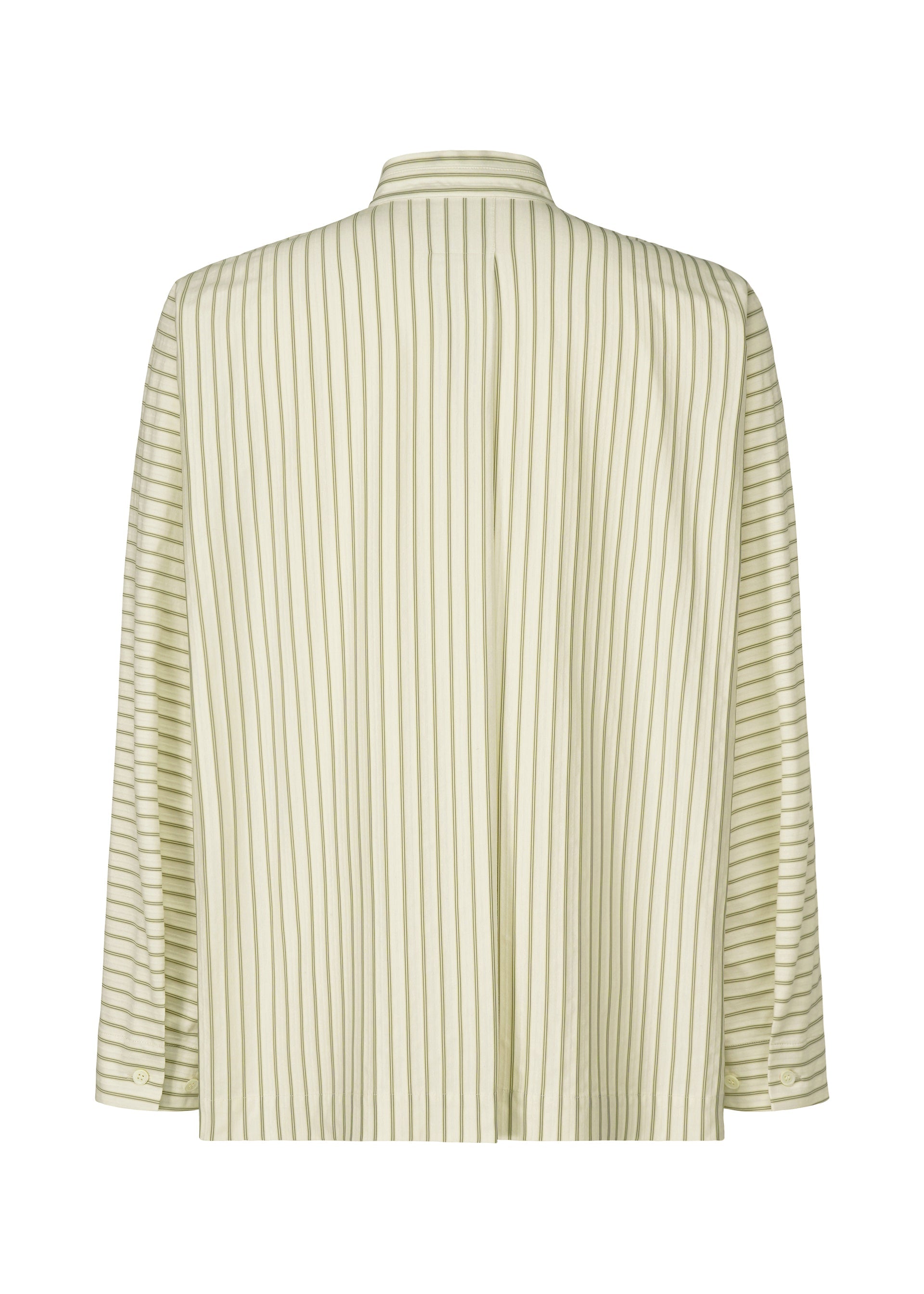 Zoomed view The STRIPE JERSEY SHIRT by HOMME PLISSÉ ISSEY MIYAKE is a light-colored, long-sleeve shirt with vertical green stripes, a stand collar, buttoned cuffs, and a loose, relaxed fit shown from the back.