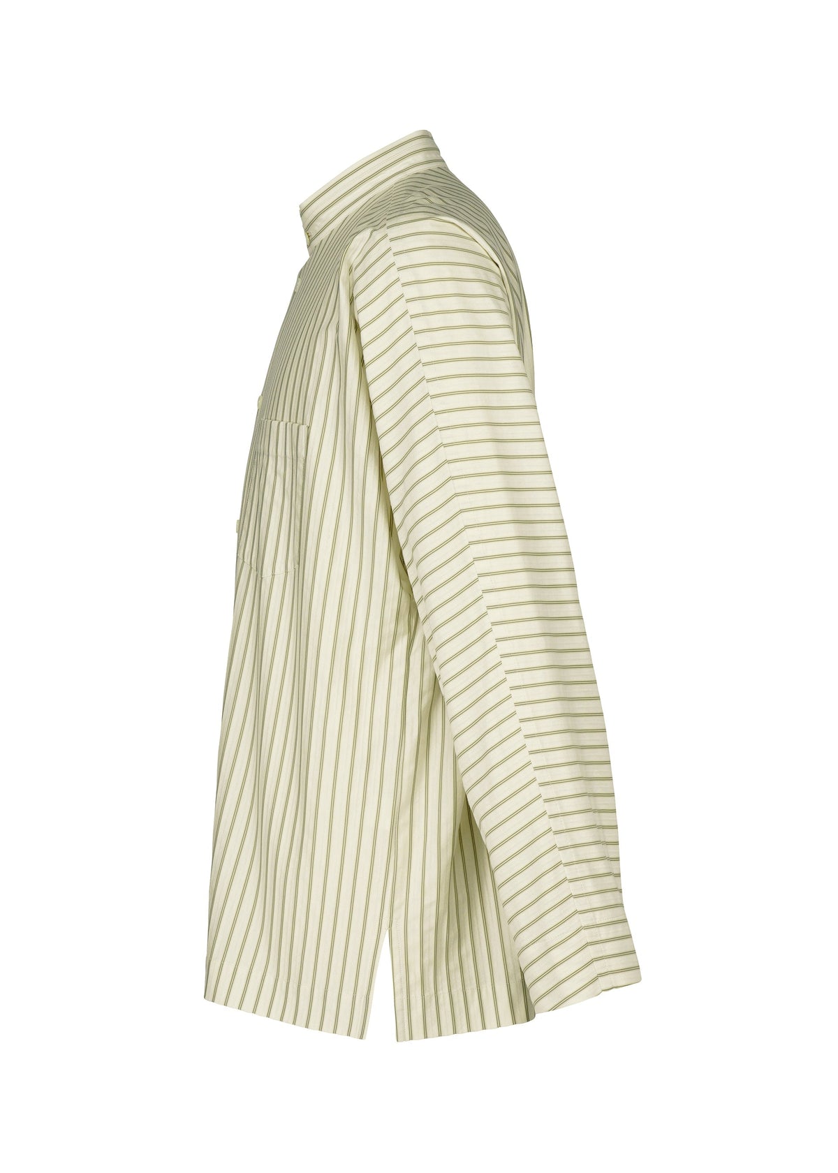 The STRIPE JERSEY SHIRT by HOMME PLISSÉ ISSEY MIYAKE is a long-sleeve, button-up shirt with a stand collar and vertical beige and white stripes, seen from the side. It includes a chest pocket for added style. view 5 of 8