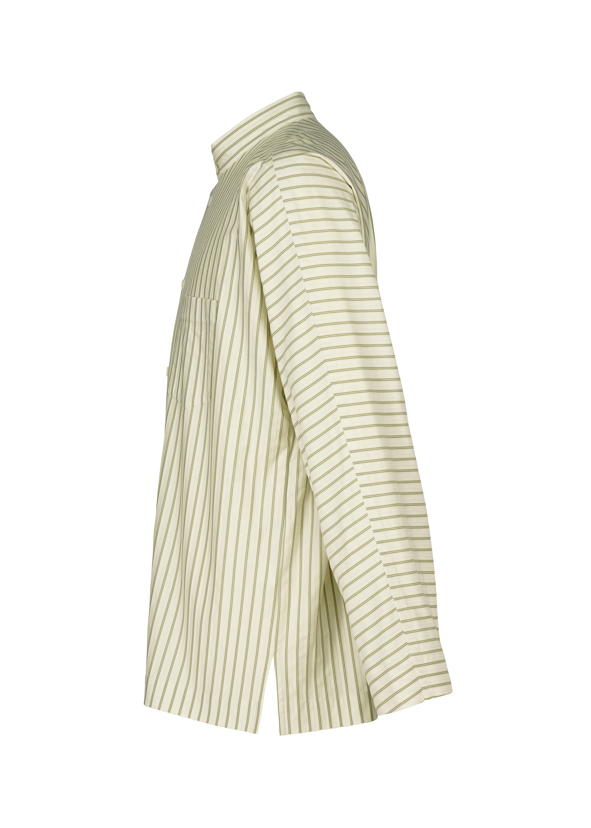 Zoomed view The STRIPE JERSEY SHIRT by HOMME PLISSÉ ISSEY MIYAKE is a long-sleeve, button-up shirt with a stand collar and vertical beige and white stripes, seen from the side. It includes a chest pocket for added style.