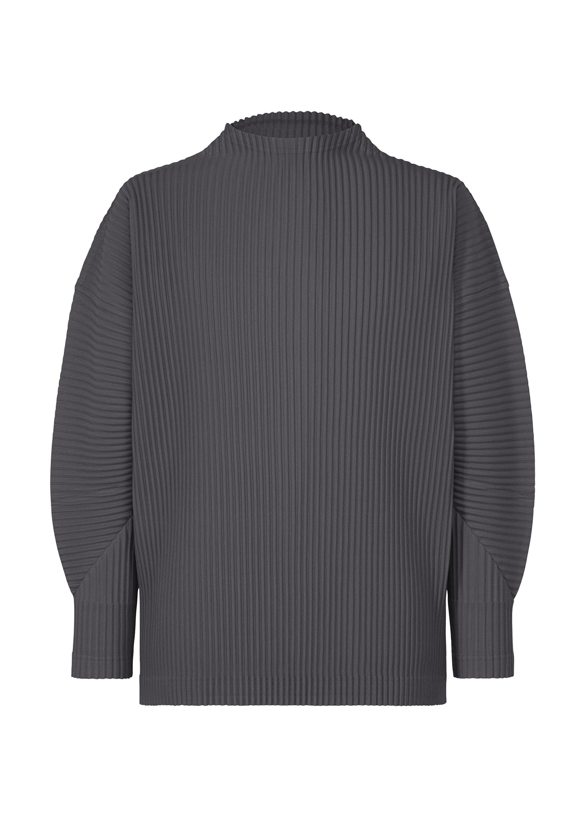 The image shows the MONTHLY COLORS : DECEMBER top by HOMME PLISSÉ ISSEY MIYAKE—a dark grey, ribbed, long-sleeved shirt with a high crew neckline and relaxed fit, made from quick-drying polyester, displayed from the back on a white background. view 2 of 7