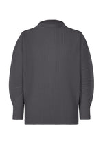The image shows the MONTHLY COLORS : DECEMBER top by HOMME PLISSÉ ISSEY MIYAKE—a dark grey, ribbed, long-sleeved shirt with a high crew neckline and relaxed fit, made from quick-drying polyester, displayed from the back on a white background. - SEPTARIAN BLUE （no.76）