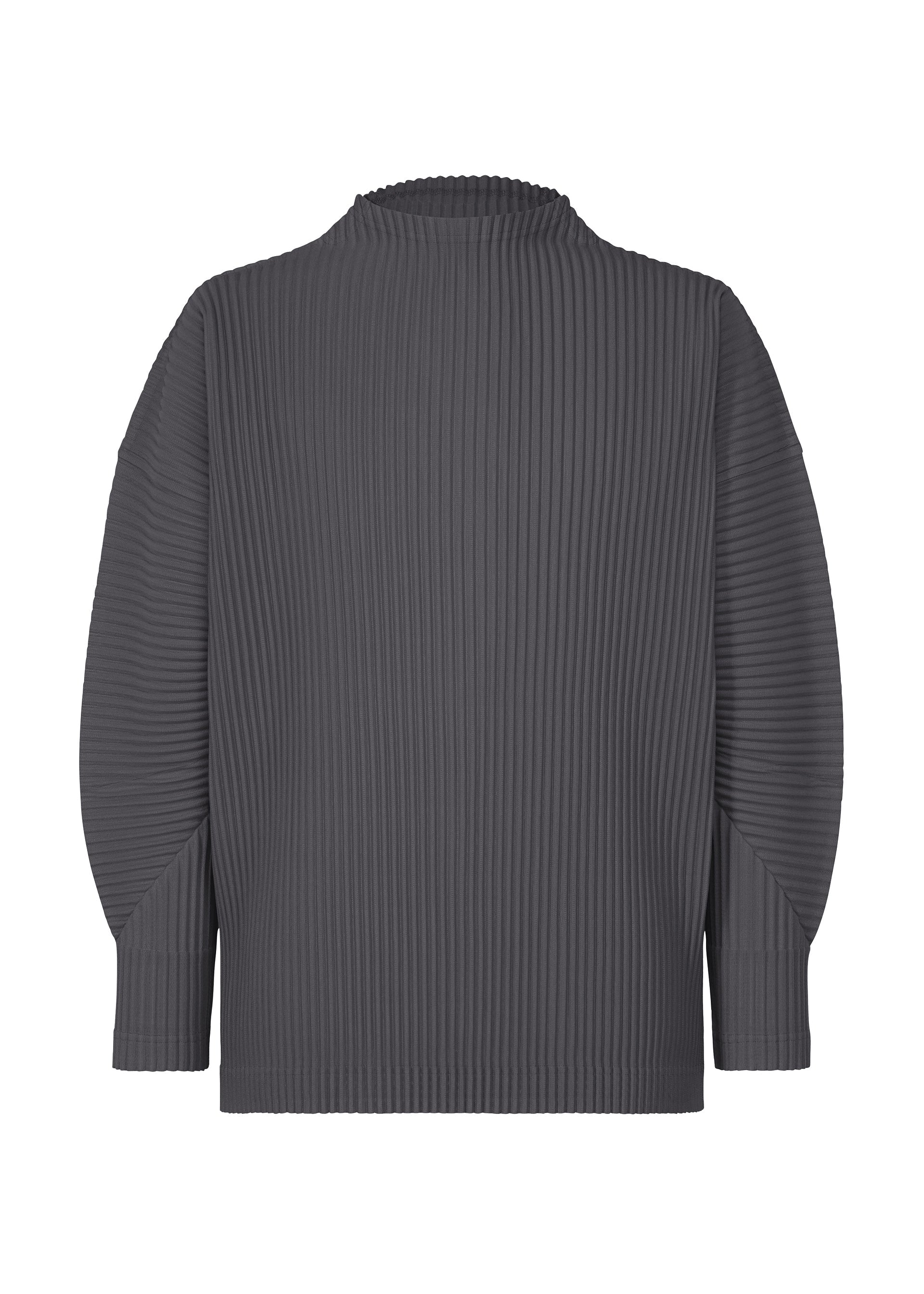Zoomed view The image shows the MONTHLY COLORS : DECEMBER top by HOMME PLISSÉ ISSEY MIYAKE—a dark grey, ribbed, long-sleeved shirt with a high crew neckline and relaxed fit, made from quick-drying polyester, displayed from the back on a white background. - SEPTARIAN BLUE （no.76）