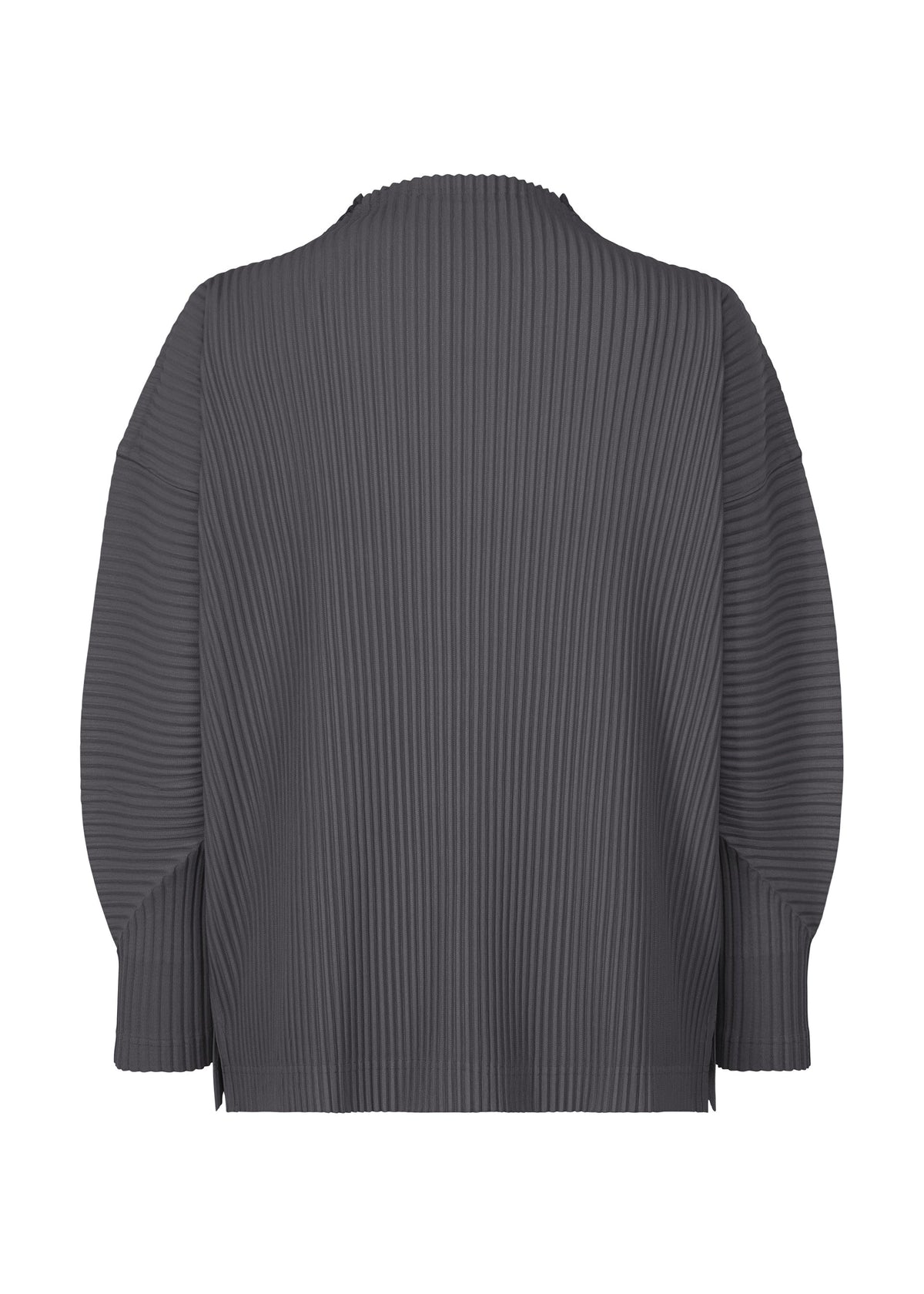The MONTHLY COLORS : DECEMBER top by HOMME PLISSÉ ISSEY MIYAKE is a dark gray, long-sleeved mock neck with a loose fit, vertical ribbed texture, and made from quick-drying polyester, shown from the back. view 3 of 7
