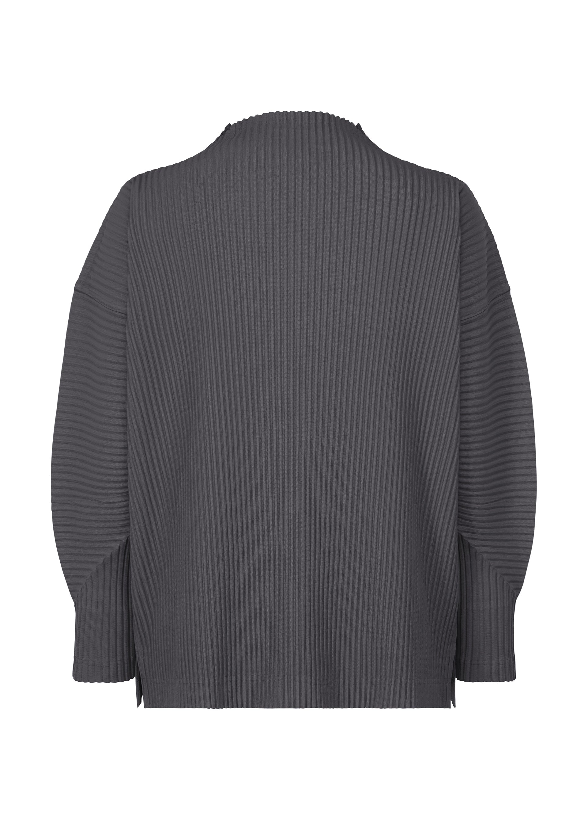 Zoomed view The MONTHLY COLORS : DECEMBER top by HOMME PLISSÉ ISSEY MIYAKE is a dark gray, long-sleeved mock neck with a loose fit, vertical ribbed texture, and made from quick-drying polyester, shown from the back.