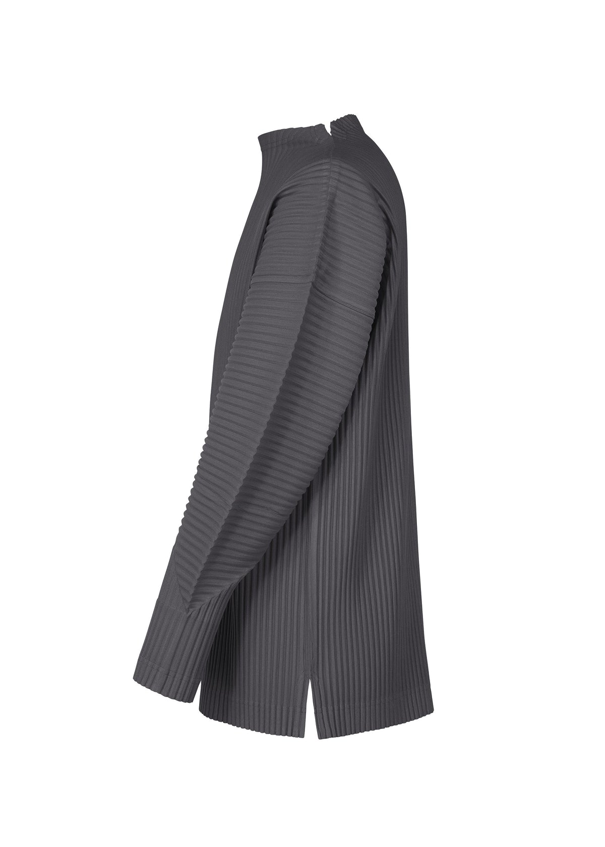 The MONTHLY COLORS : DECEMBER top by HOMME PLISSÉ ISSEY MIYAKE is a long-sleeved, dark gray, pleated, quick-drying polyester mock neck shirt shown side view on a white background. view 4 of 7
