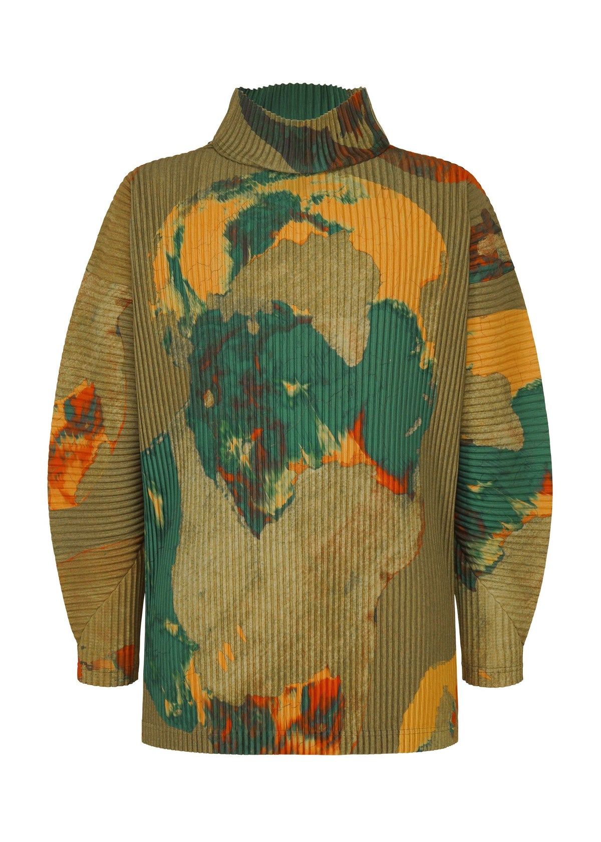 The PAINTED STONE by HOMME PLISSÉ ISSEY MIYAKE is a long-sleeve ribbed turtleneck sweater featuring a loose neckline and an abstract stone pattern in green, yellow, and orange on khaki. view 2 of 5