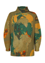 The PAINTED STONE by HOMME PLISSÉ ISSEY MIYAKE is a long-sleeve ribbed turtleneck sweater featuring a loose neckline and an abstract stone pattern in green, yellow, and orange on khaki. - GREEN （no.62）