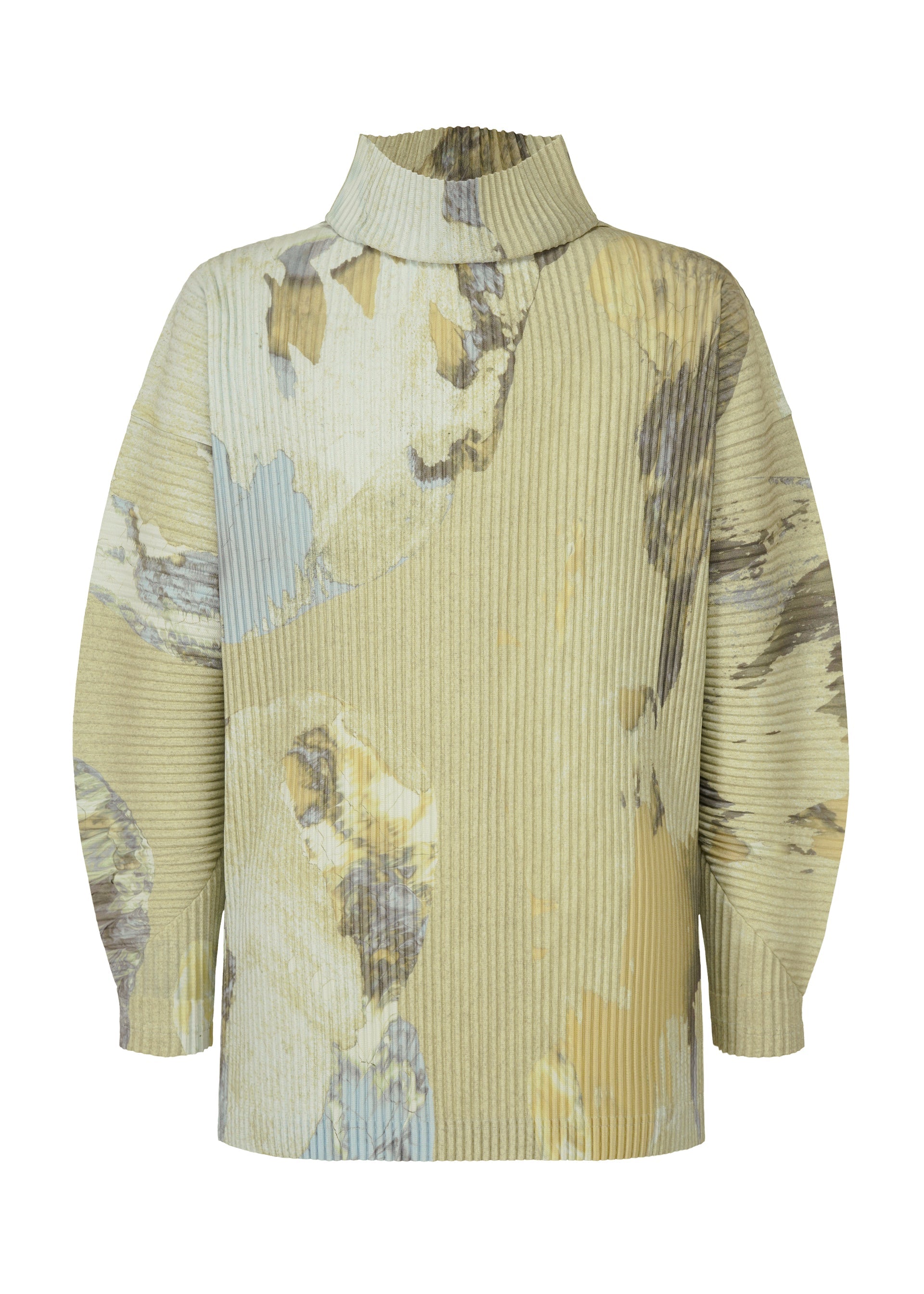 Zoomed view The PAINTED STONE top by HOMME PLISSÉ ISSEY MIYAKE is a loose-fit, long-sleeved sweater featuring a ribbed turtleneck and an abstract stone pattern in beige, gray, and pale yellow for added comfort.