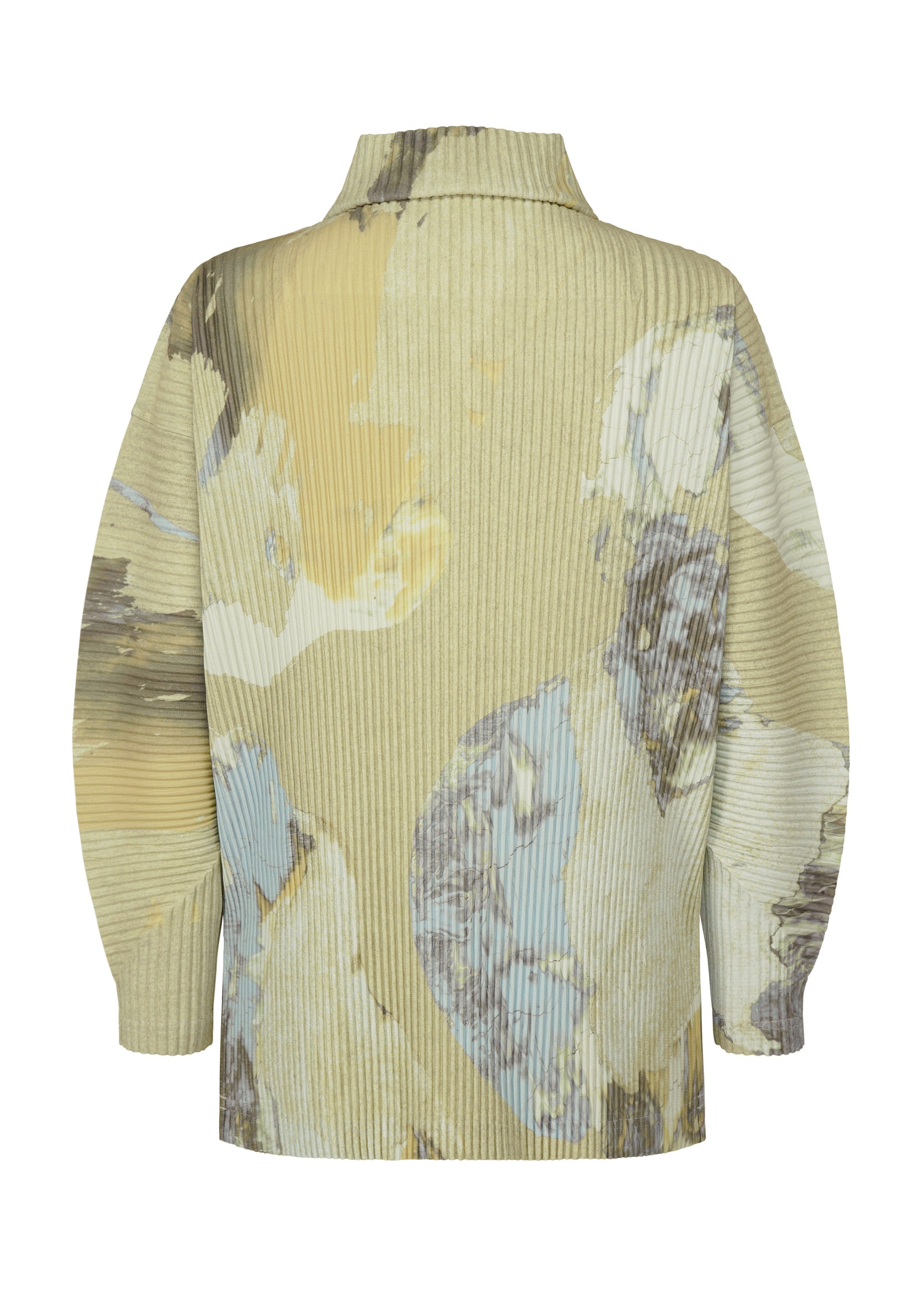 Zoomed view The PAINTED STONE top by HOMME PLISSÉ ISSEY MIYAKE features long sleeves, a ribbed texture, and a high collar with an abstract stone pattern in beige, blue, and cream. The image shows the back of the garment.