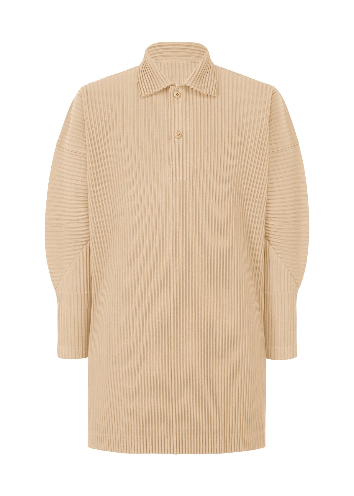 The MONTHLY COLORS : DECEMBER by HOMME PLISSÉ ISSEY MIYAKE is a beige, long-sleeved ribbed polo featuring a collar, three-button placket, relaxed fit, straight hem, and quick-drying polyester. view 2 of 5