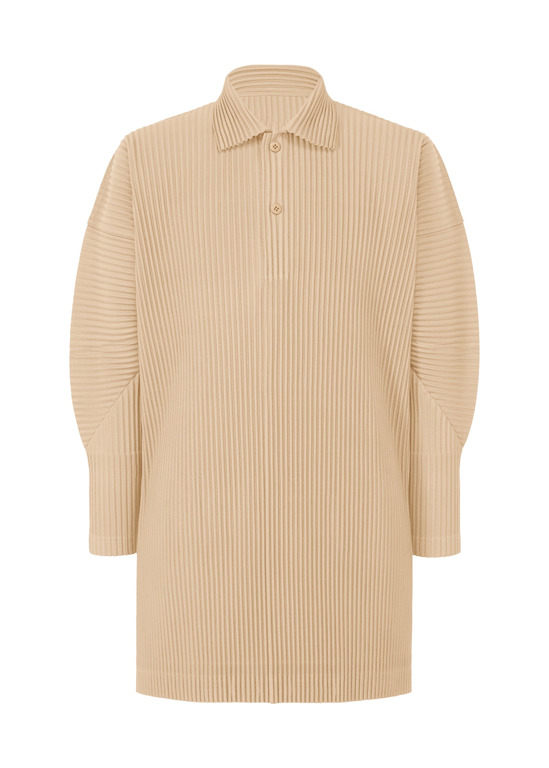 Zoomed view The MONTHLY COLORS : DECEMBER by HOMME PLISSÉ ISSEY MIYAKE is a beige, long-sleeved ribbed polo featuring a collar, three-button placket, relaxed fit, straight hem, and quick-drying polyester. - AMMONITE BEIGE （no.42）