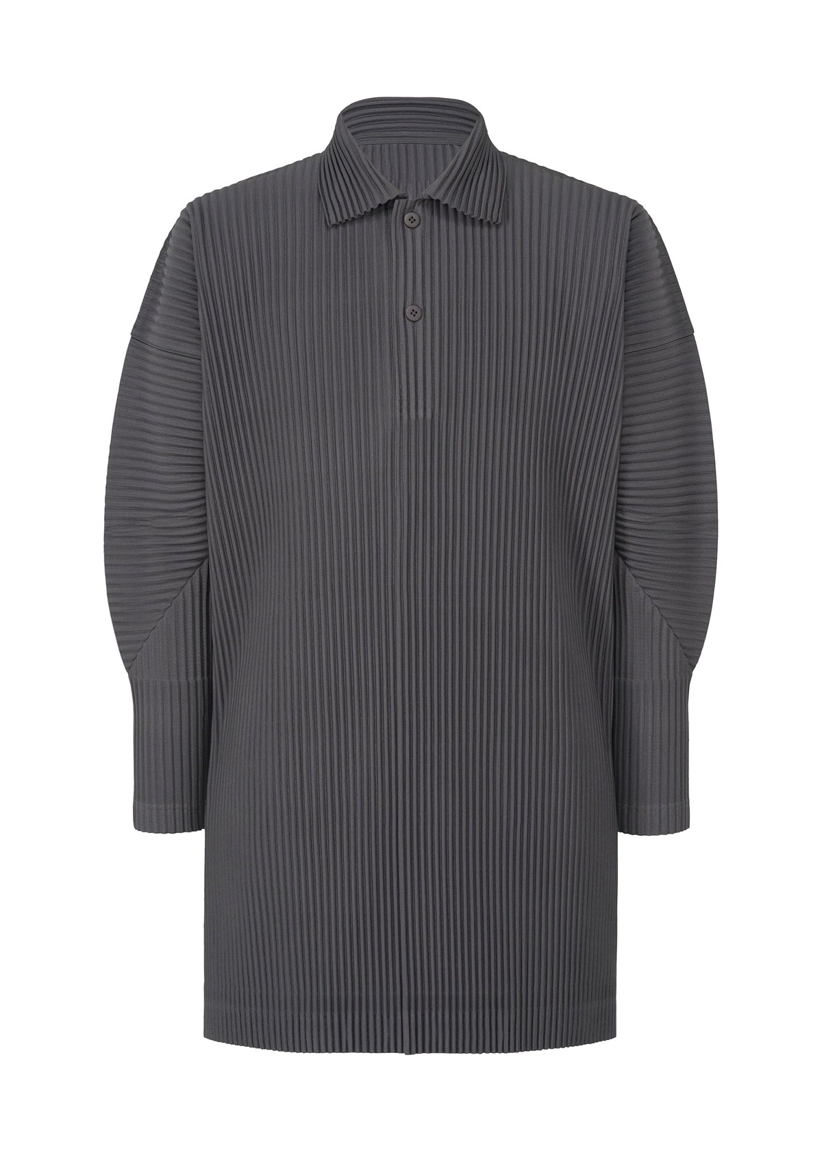 The MONTHLY COLORS : DECEMBER by HOMME PLISSÉ ISSEY MIYAKE is a dark gray long-sleeve ribbed tunic with a collared neckline, button placket, and vertical pleats in lightweight fabric, inspired by classic polo shirts. view 3 of 5