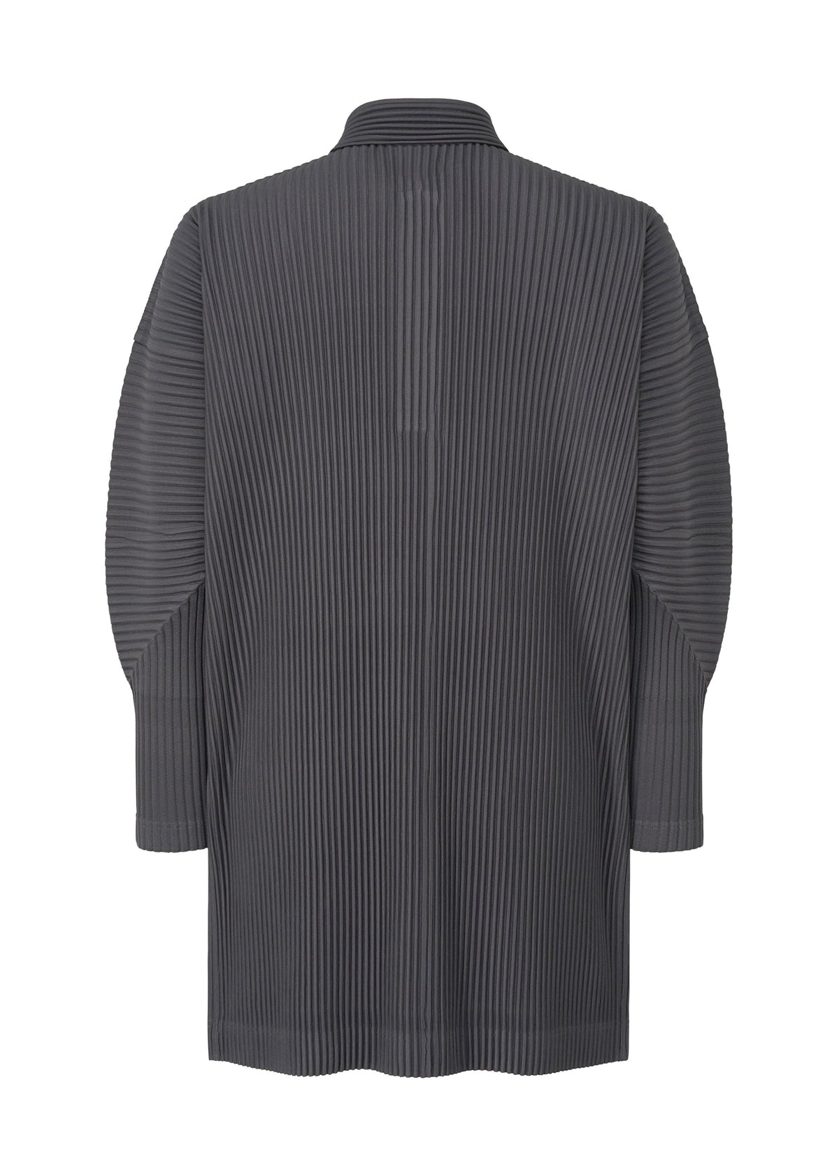 The MONTHLY COLORS : DECEMBER coat by HOMME PLISSÉ ISSEY MIYAKE is a long, dark gray pleated design with a stand-up collar and long sleeves, shown from the back. Made from quick-drying polyester with an all-over vertical ribbed texture. view 4 of 5