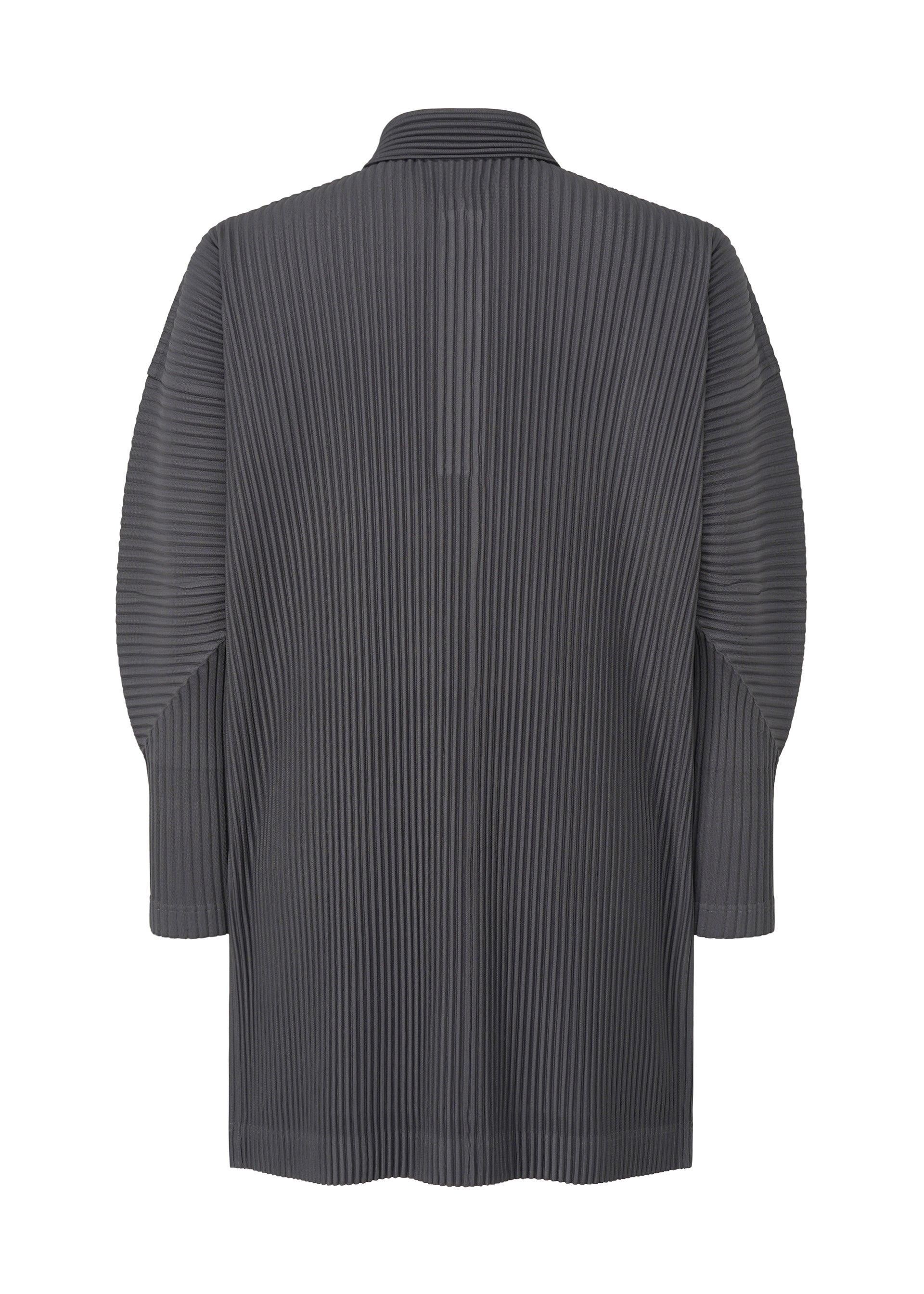 Zoomed view The MONTHLY COLORS : DECEMBER coat by HOMME PLISSÉ ISSEY MIYAKE is a long, dark gray pleated design with a stand-up collar and long sleeves, shown from the back. Made from quick-drying polyester with an all-over vertical ribbed texture.