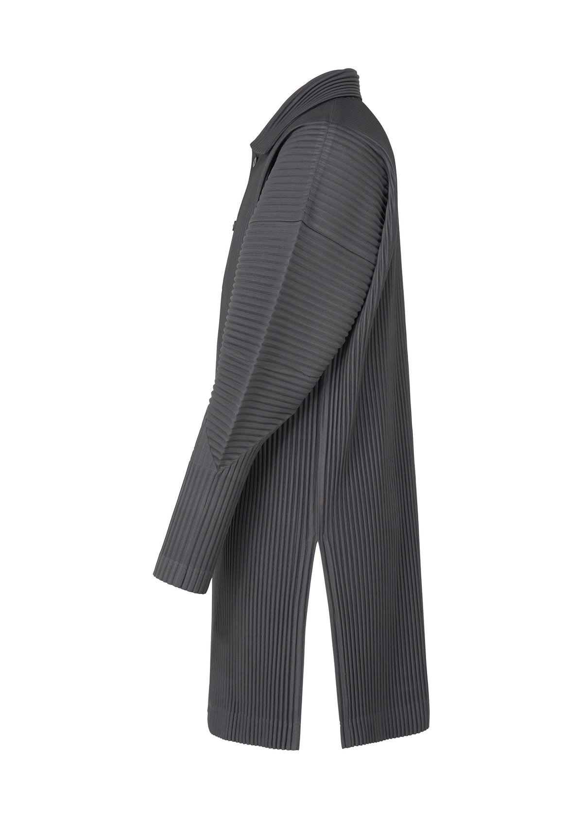 A side view of the HOMME PLISSÉ ISSEY MIYAKE MONTHLY COLORS : DECEMBER coat displays its dark gray pleats, collared neckline, long sleeves, vertical ribbed texture, and high side slit against a plain white background. Perfect for versatile layering. view 5 of 5