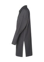 A side view of the HOMME PLISSÉ ISSEY MIYAKE MONTHLY COLORS : DECEMBER coat displays its dark gray pleats, collared neckline, long sleeves, vertical ribbed texture, and high side slit against a plain white background. Perfect for versatile layering.