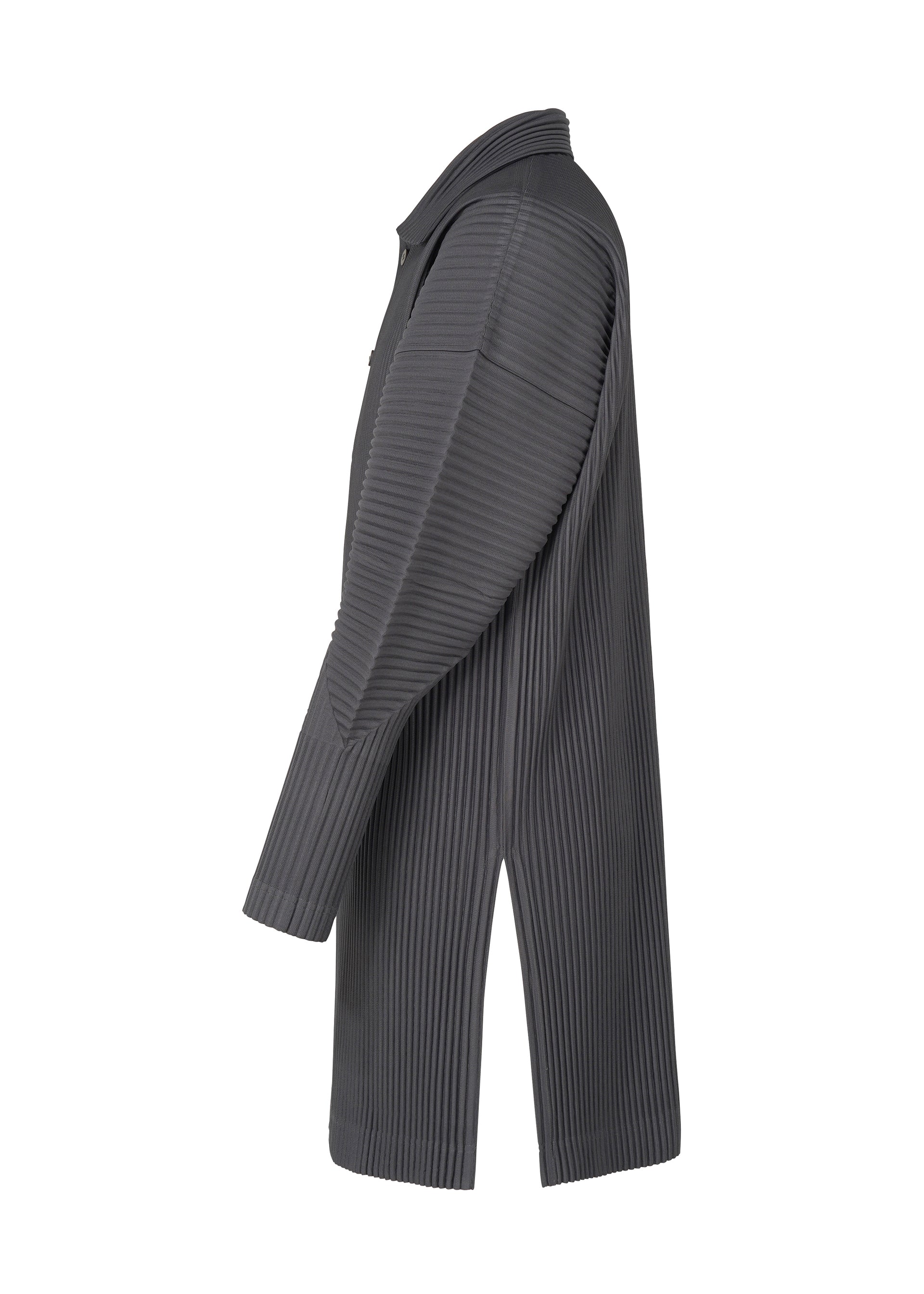 Zoomed view A side view of the HOMME PLISSÉ ISSEY MIYAKE MONTHLY COLORS : DECEMBER coat displays its dark gray pleats, collared neckline, long sleeves, vertical ribbed texture, and high side slit against a plain white background. Perfect for versatile layering.
