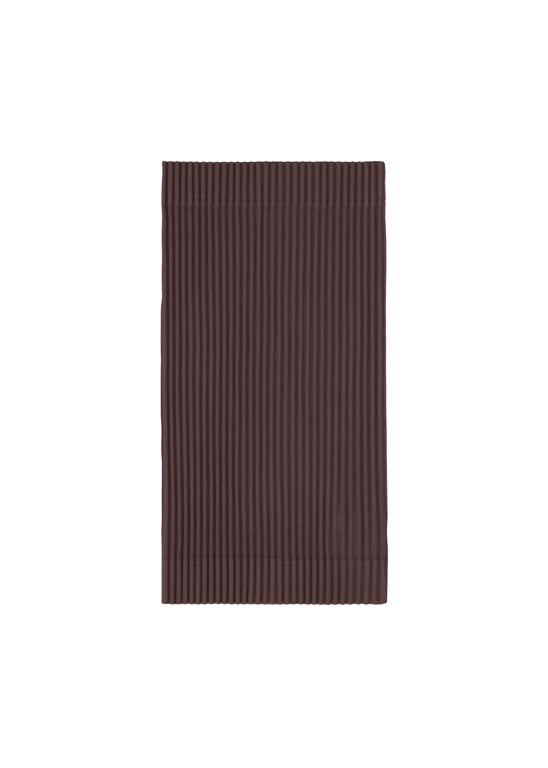 Zoomed view The PLEATS BAND by HOMME PLISSÉ ISSEY MIYAKE, a rectangular ribbed brown cloth, is laid flat on a white background—ideal as an accent piece for a stylish layered look. - EGGPLANT BLACK (no.18)