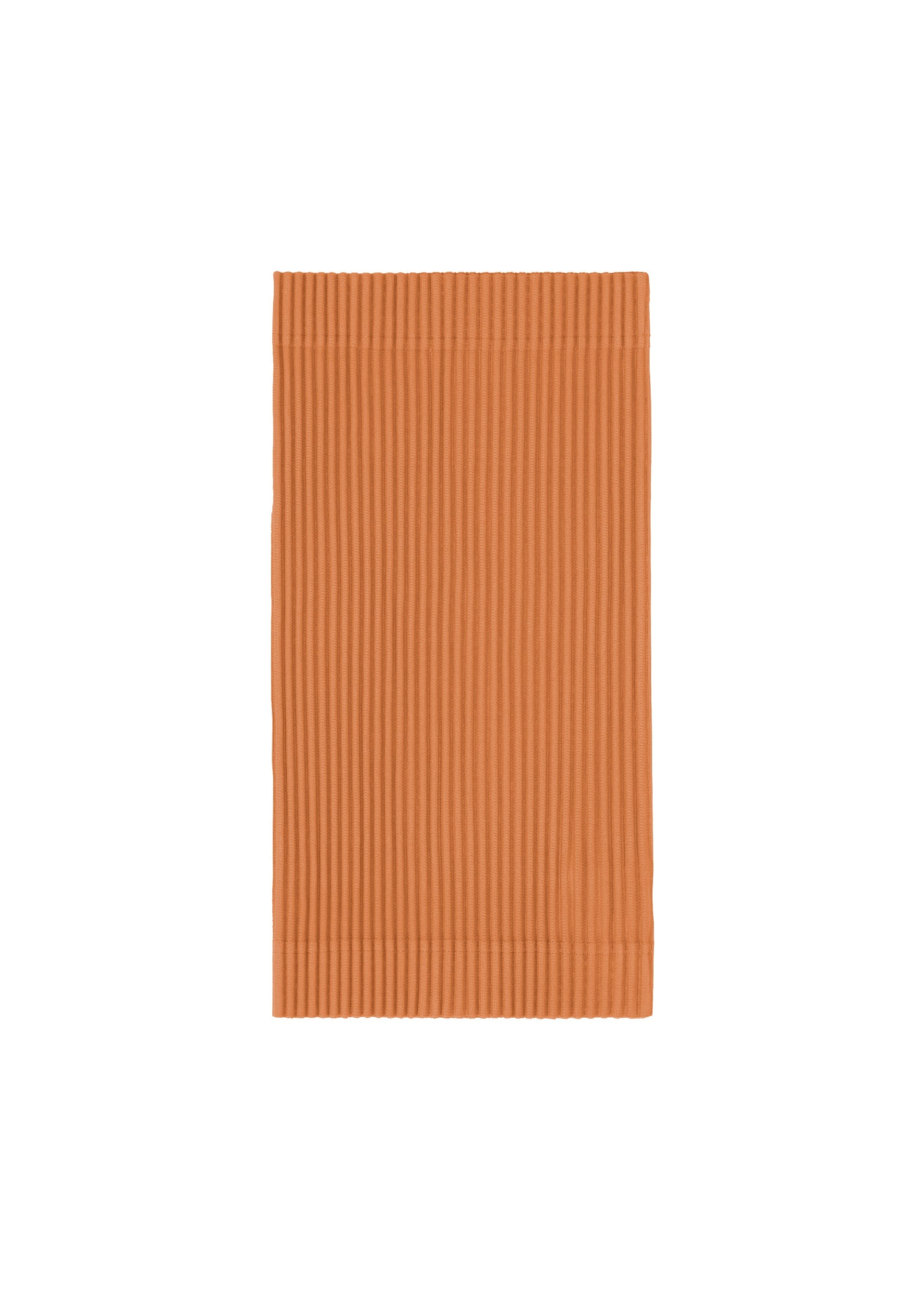 Zoomed view The PLEATS BAND by HOMME PLISSÉ ISSEY MIYAKE is a rectangular rust-orange ribbed cummerbund, shown flat on a white background—ideal for adding a stylish accent to layered outfits. - MANAROLA BRICK BROWN (no.47)