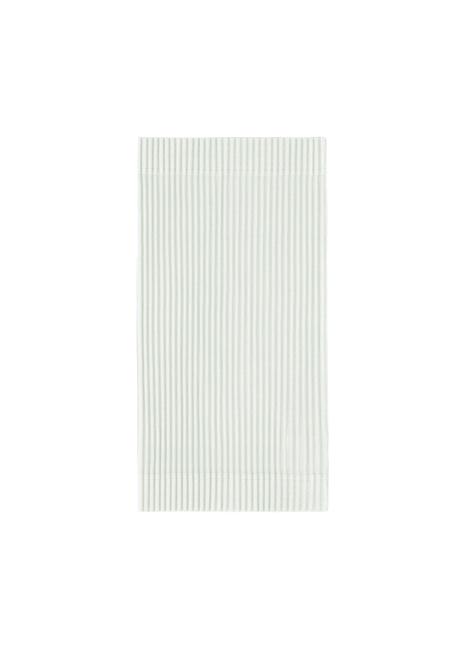Zoomed view The PLEATS BAND from HOMME PLISSÉ ISSEY MIYAKE is a light-colored, rectangular cloth featuring vertical pinstripes, neatly folded and set against a white background. - DUOMO GREEN (no.60)