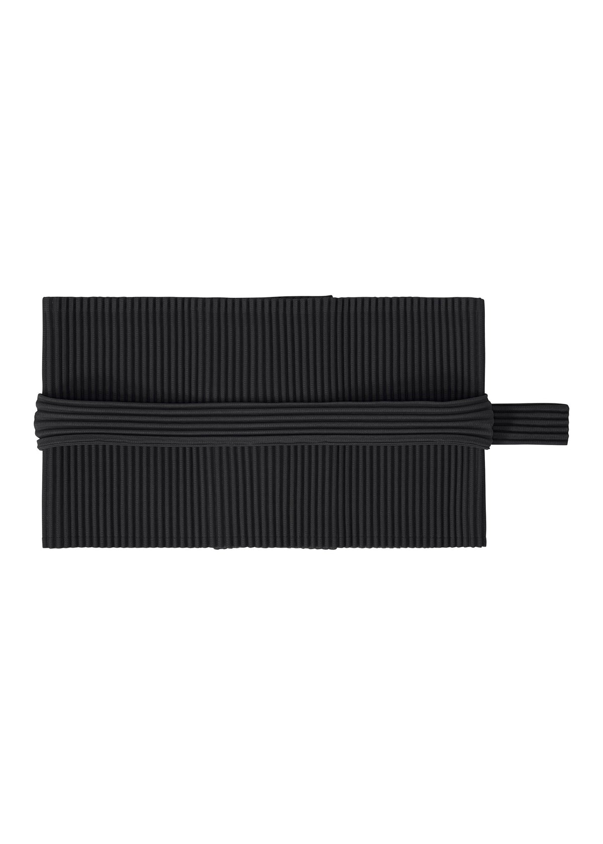 The PLEATS BAND by HOMME PLISSÉ ISSEY MIYAKE is a rectangular black clutch bag, featuring pleated tube-shaped fabric and a horizontal side handle, photographed against a white background. view 1 of 8