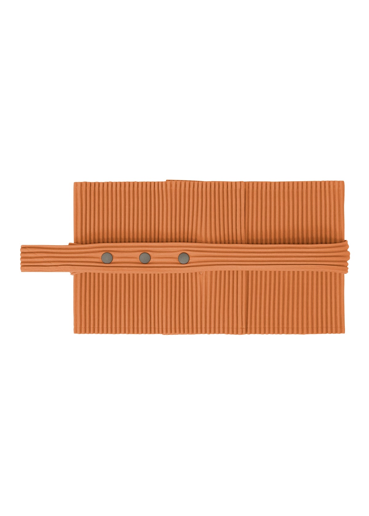 The PLEATS BAND by HOMME PLISSÉ ISSEY MIYAKE is a ribbed, orange, rectangular tube-shaped fabric with three dark circular buttons, designed for year-round comfort and shown folded on a white background. view 4 of 8