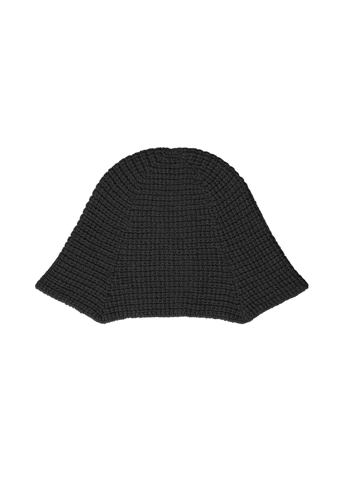 The CROCHET HAT by HOMME PLISSÉ ISSEY MIYAKE is a black, hand-crocheted beanie featuring a wide, gently flared brim, crafted from soft material and shown on a plain white background. view 1 of 5