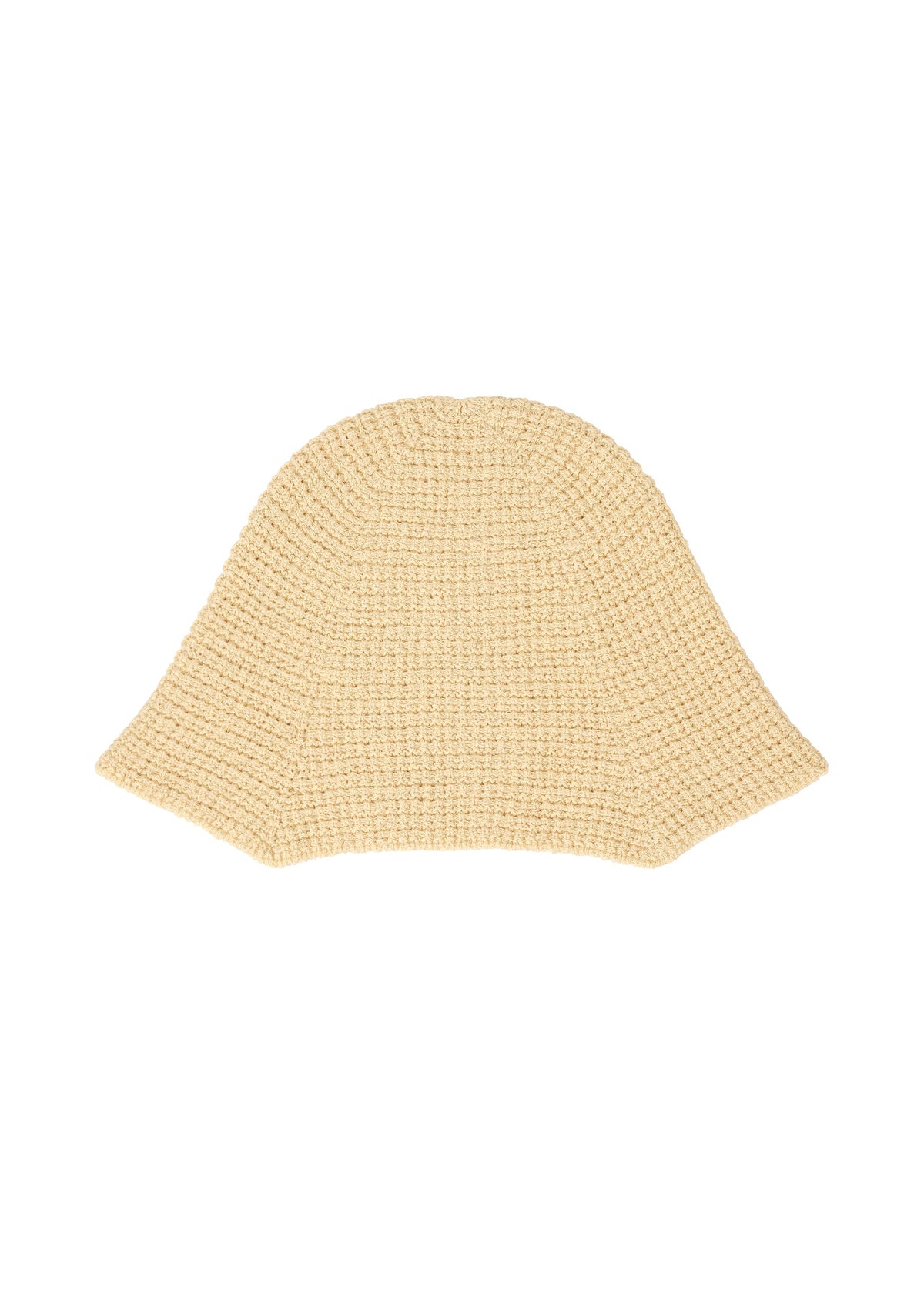 The CROCHET HAT by HOMME PLISSÉ ISSEY MIYAKE is a beige, woven bucket hat with a wide flared brim and textured crocheted look, shown against a white background. view 2 of 5