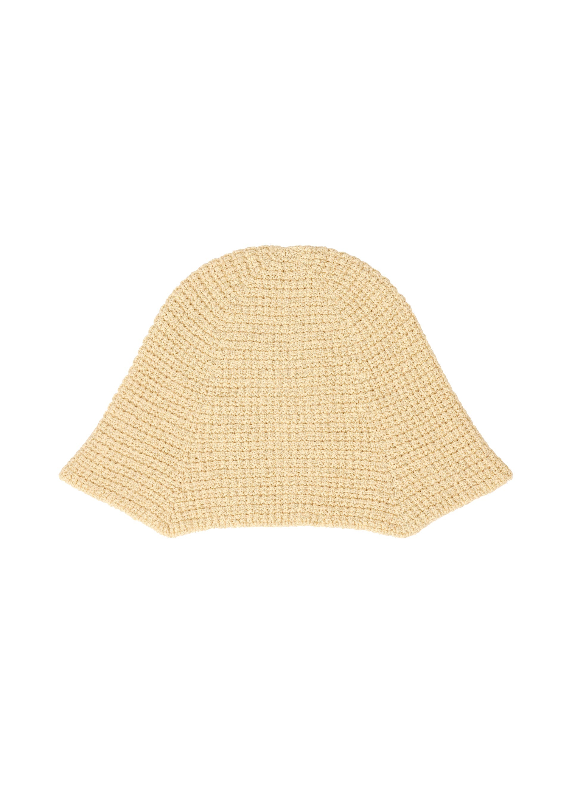 Zoomed view The CROCHET HAT by HOMME PLISSÉ ISSEY MIYAKE is a beige, woven bucket hat with a wide flared brim and textured crocheted look, shown against a white background. - BEIGE （no.40）