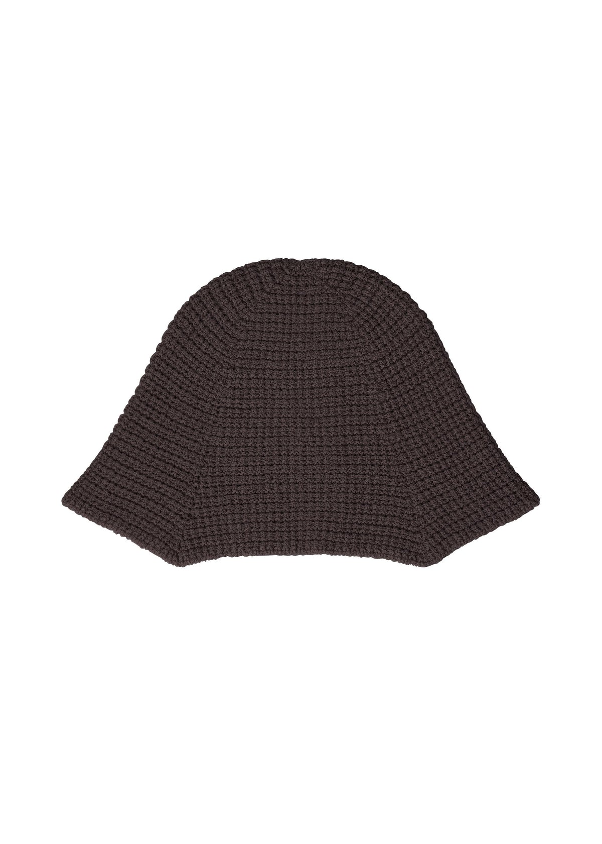 The CROCHET HAT by HOMME PLISSÉ ISSEY MIYAKE is a dark brown, wide-brimmed hat with a flared silhouette and soft texture, reminiscent of an artist cap, shown on a white background. view 3 of 5