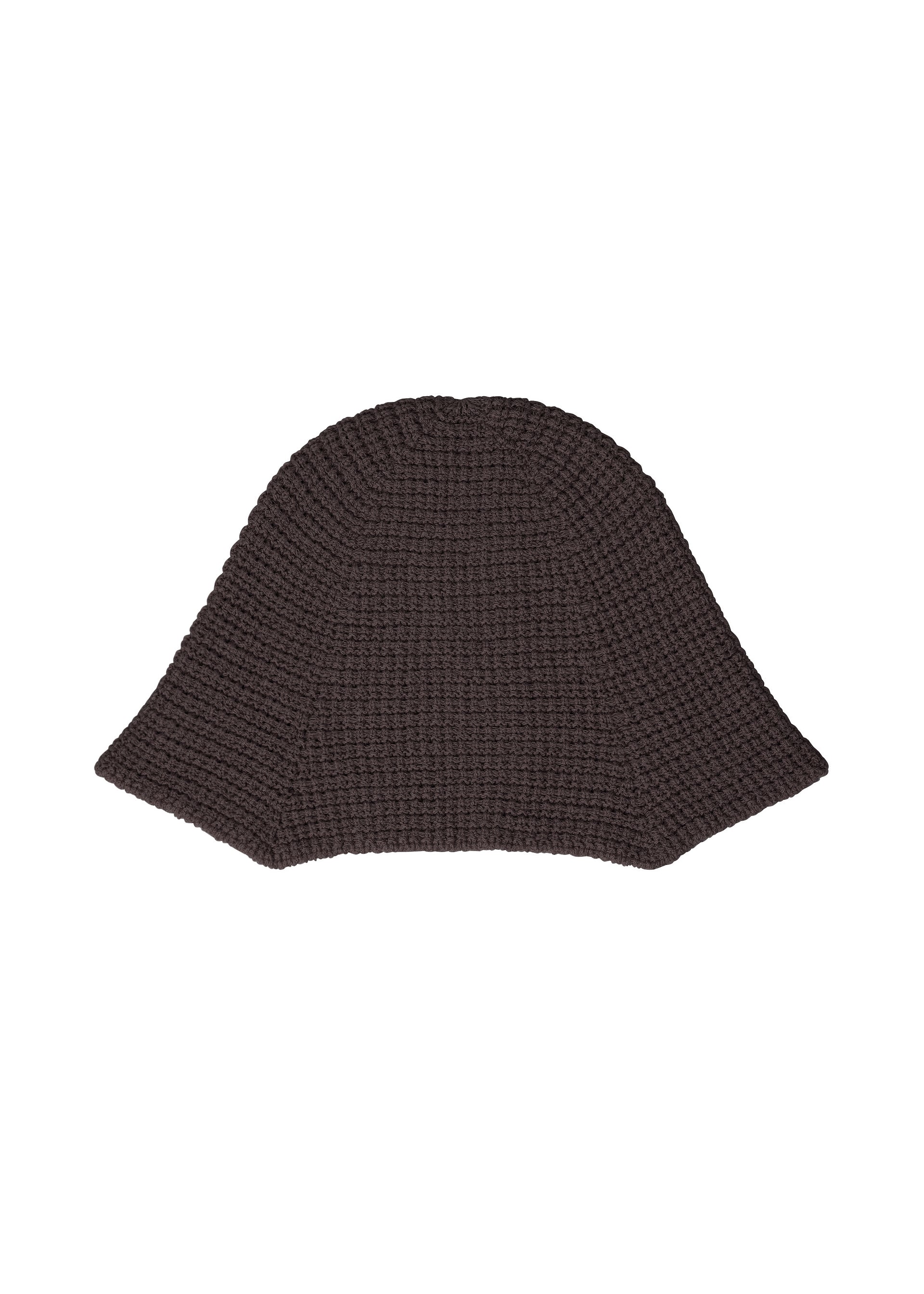 Zoomed view The CROCHET HAT by HOMME PLISSÉ ISSEY MIYAKE is a dark brown, wide-brimmed hat with a flared silhouette and soft texture, reminiscent of an artist cap, shown on a white background. - BROWN （no.44）