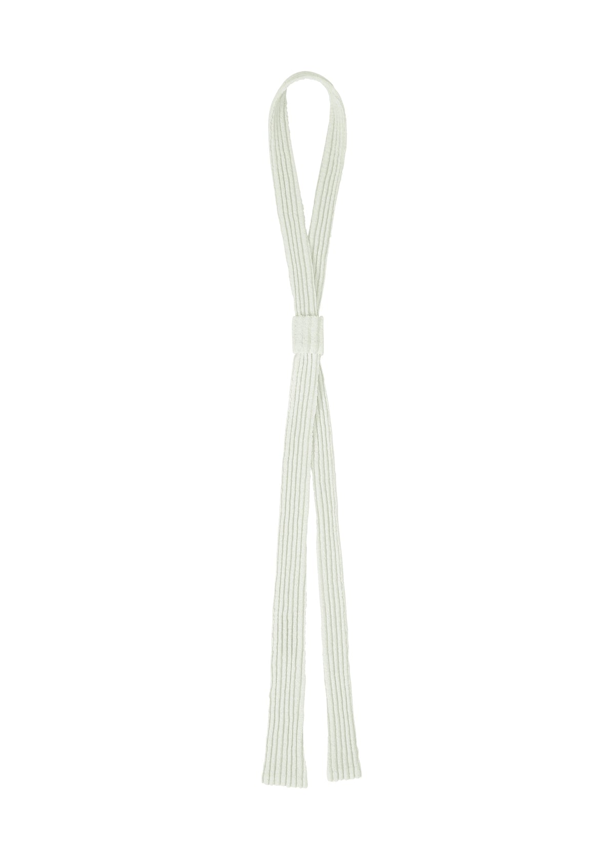 The HOMME PLISSÉ ISSEY MIYAKE PLEATED SEERSUCKER TIE, in light gray with a ribbed texture, is looped with a central knot and its two flat ends drape symmetrically against a white background. view 1 of 5