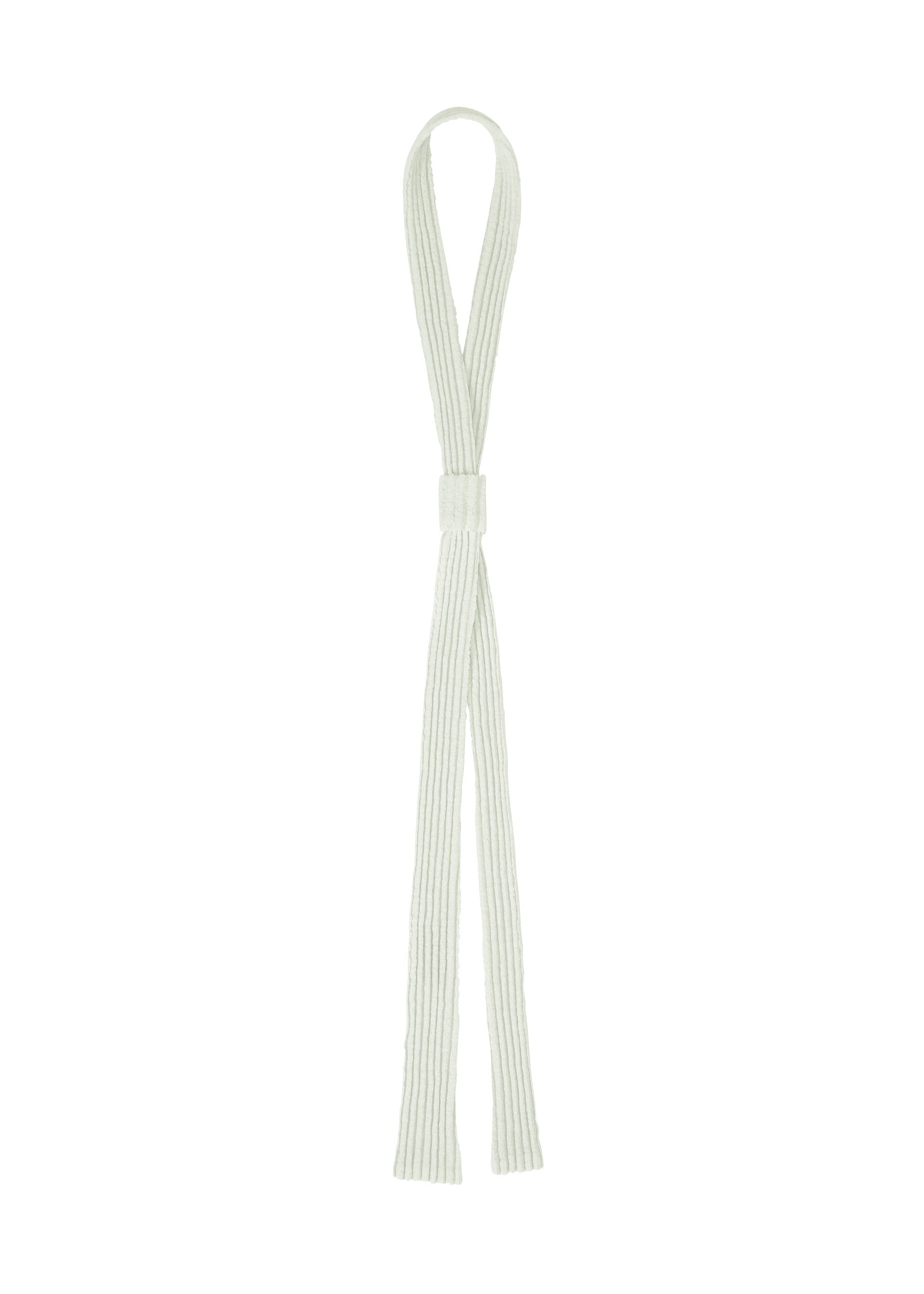 Zoomed view The HOMME PLISSÉ ISSEY MIYAKE PLEATED SEERSUCKER TIE, in light gray with a ribbed texture, is looped with a central knot and its two flat ends drape symmetrically against a white background. - WHITE GREEN （no.06）