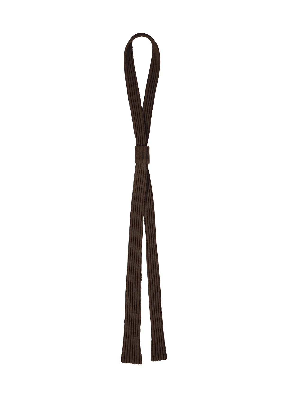 The PLEATED SEERSUCKER TIE by HOMME PLISSÉ ISSEY MIYAKE features a brown, ribbed fabric with a central band and two loose ends, creating a playful accessory that stands out against a plain white background. view 2 of 5