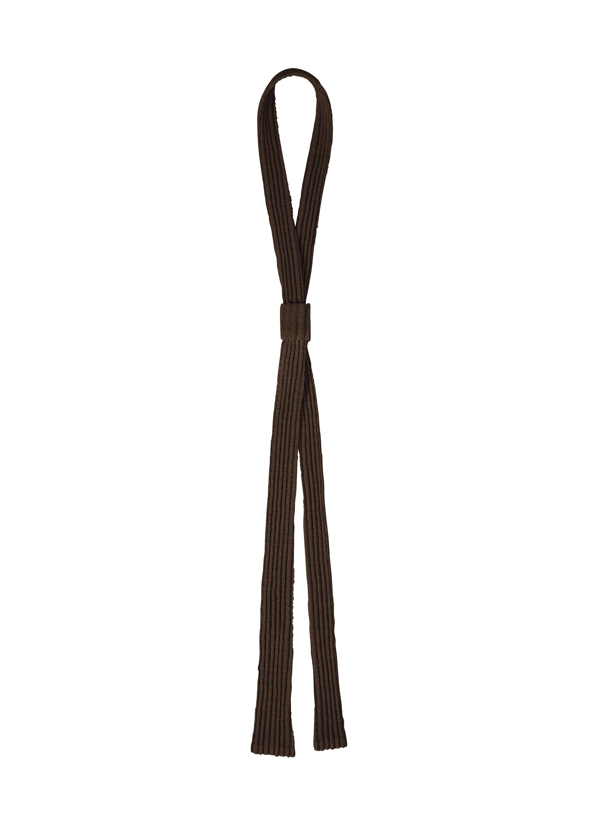 Zoomed view The PLEATED SEERSUCKER TIE by HOMME PLISSÉ ISSEY MIYAKE features a brown, ribbed fabric with a central band and two loose ends, creating a playful accessory that stands out against a plain white background. - BROWN （no.44）