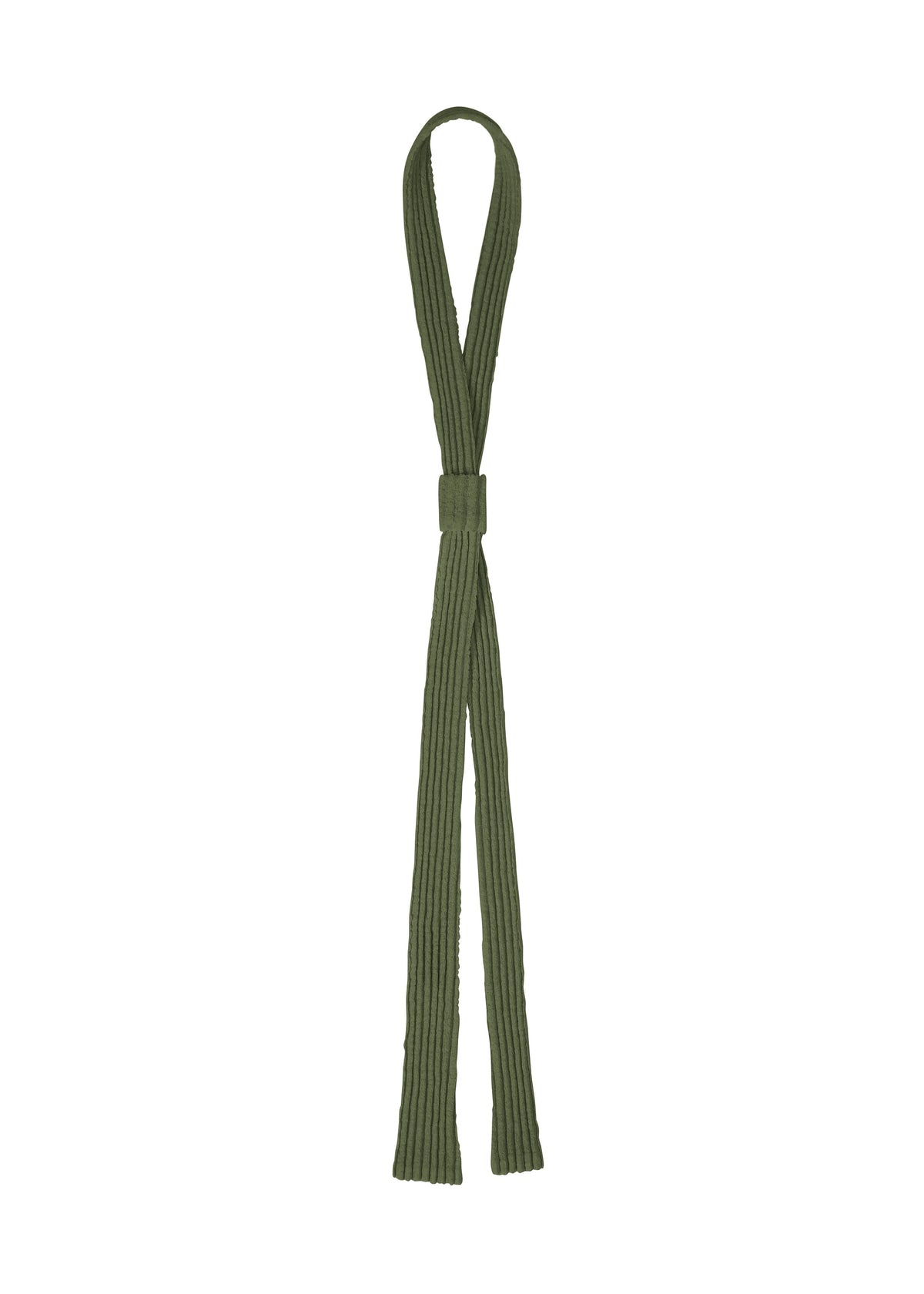 The PLEATED SEERSUCKER TIE by HOMME PLISSÉ ISSEY MIYAKE features an olive green ribbed fabric, a top loop, and two loose ends—laid flat on white background for a simple yet playful accessory. view 4 of 5