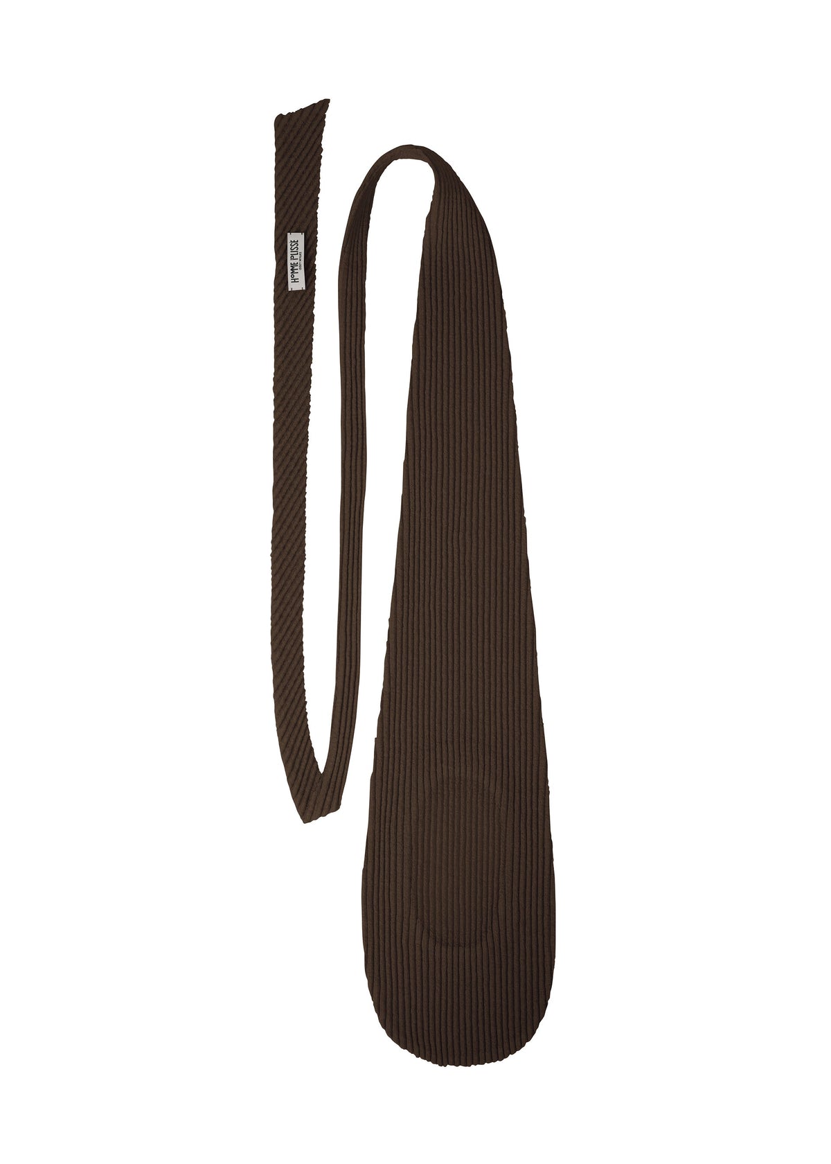 The PLEATED SEERSUCKER TIE by HOMME PLISSÉ ISSEY MIYAKE, featuring a ribbed brown fabric with a narrow tip and wider rounded end, is shown laid flat on a white background. view 2 of 7
