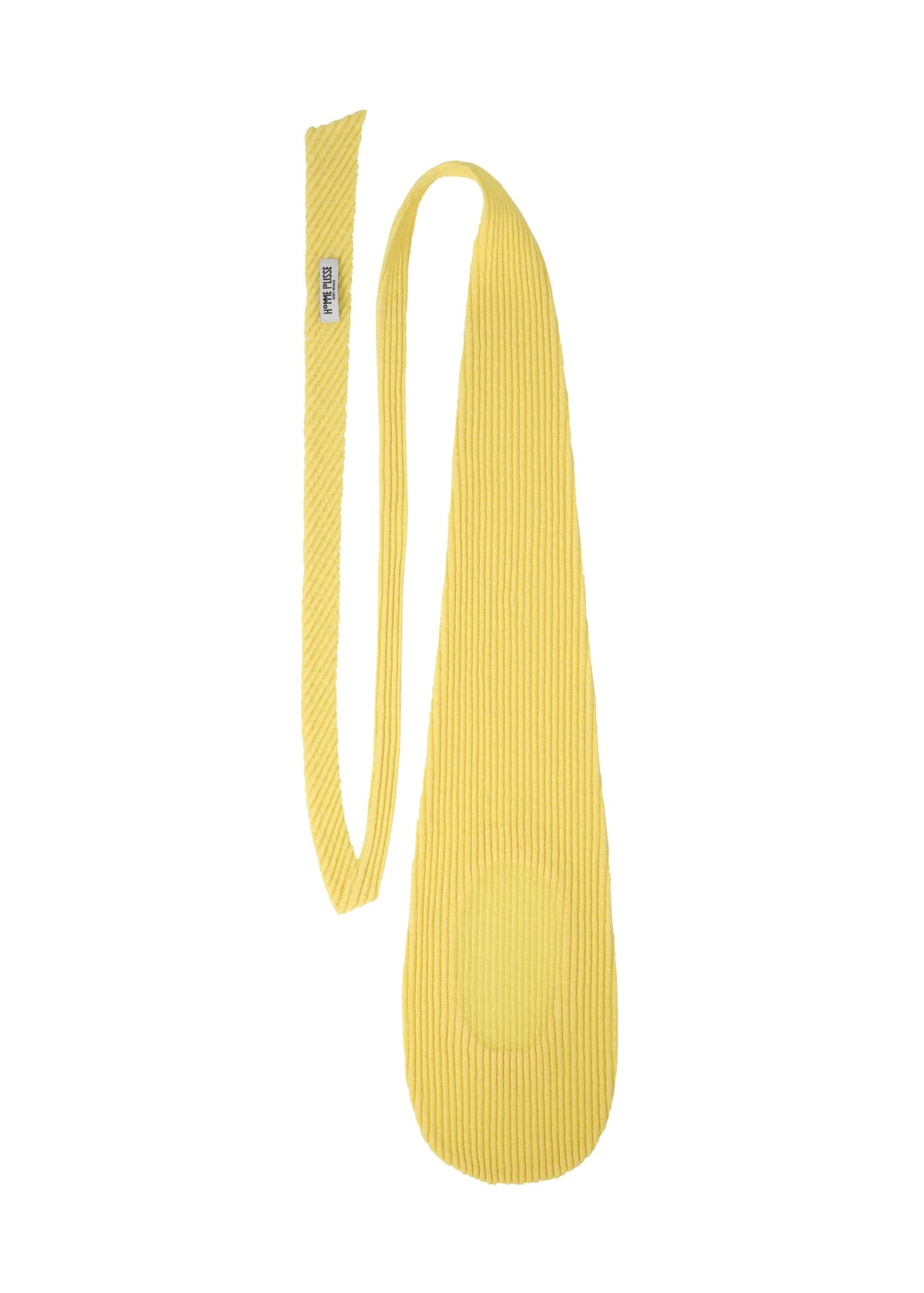 The PLEATED SEERSUCKER TIE by HOMME PLISSÉ ISSEY MIYAKE features yellow textured fabric with a wide, rounded end and a long, narrow strap. Its ribbed pattern and stitched oval detail enhance the playful, organic design shown on a white background. view 3 of 7